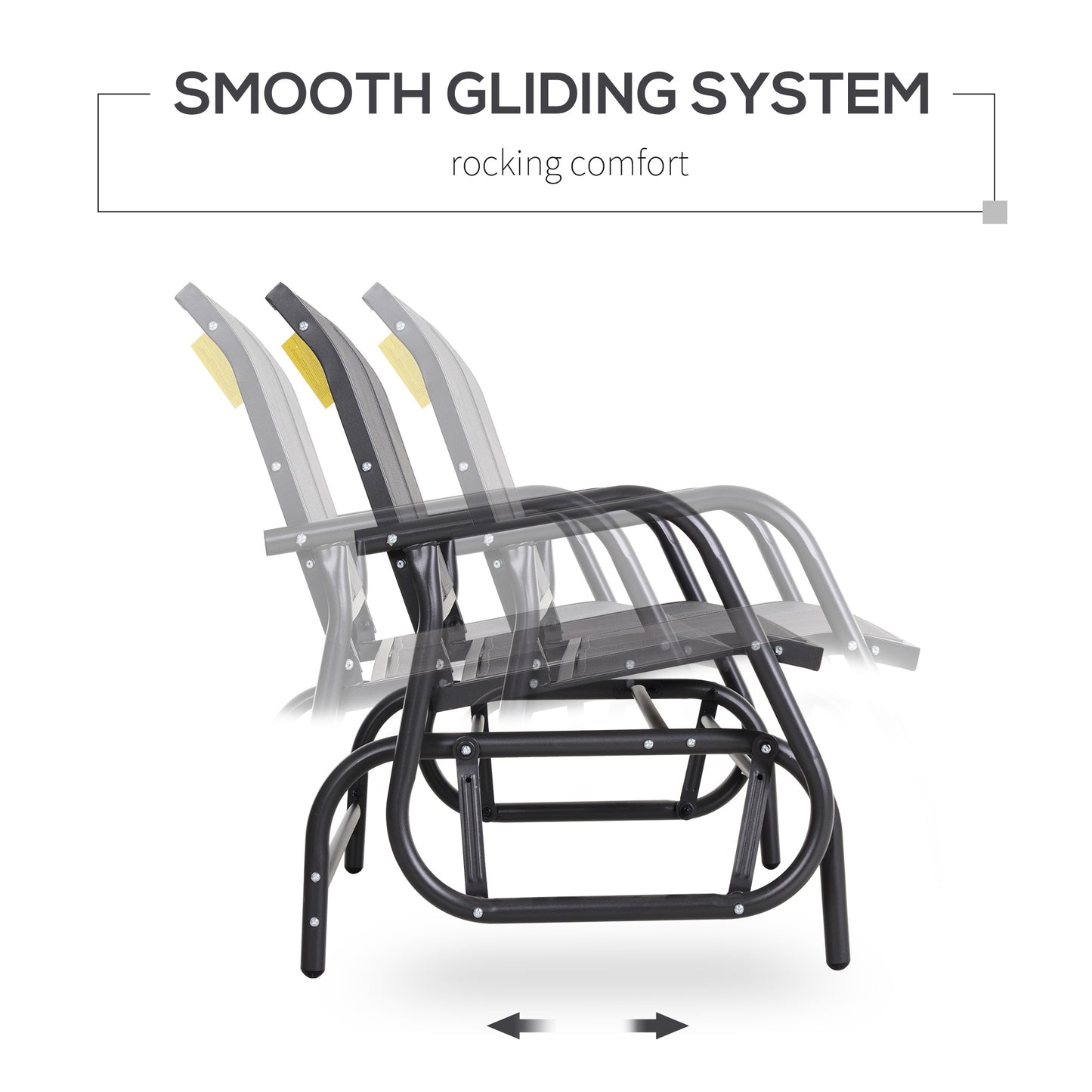 Black metal outdoor glider chair with smooth gliding system showing rocking motion