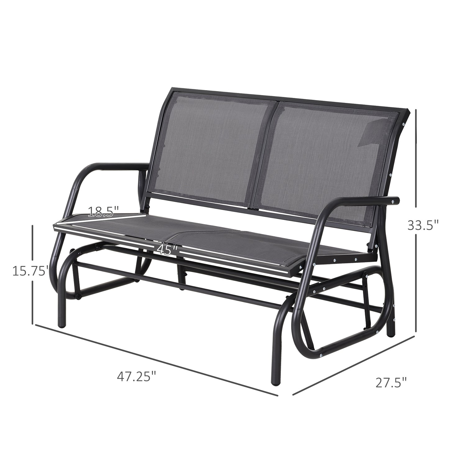 Black mesh glider bench with curved armrests and durable metal frame