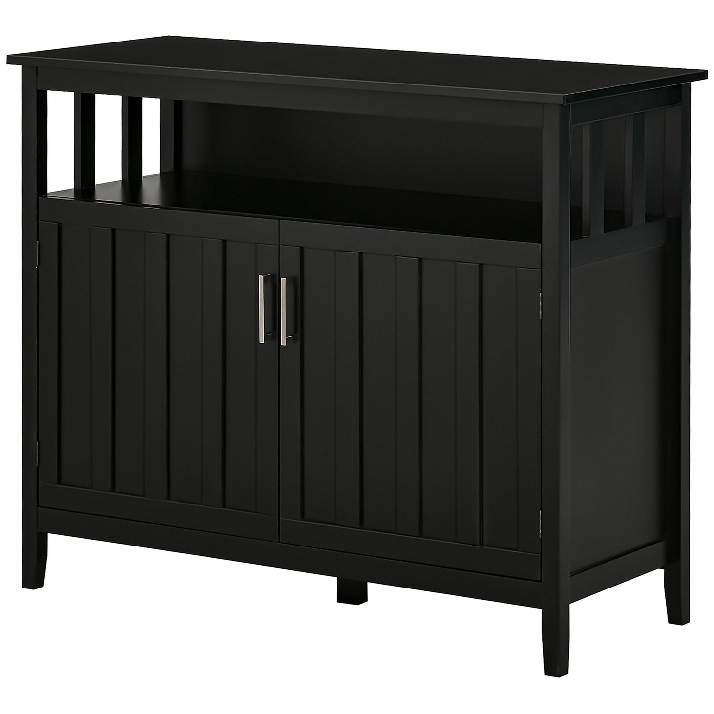 Black missionstyle sideboard with two paneled doors and open shelving above
