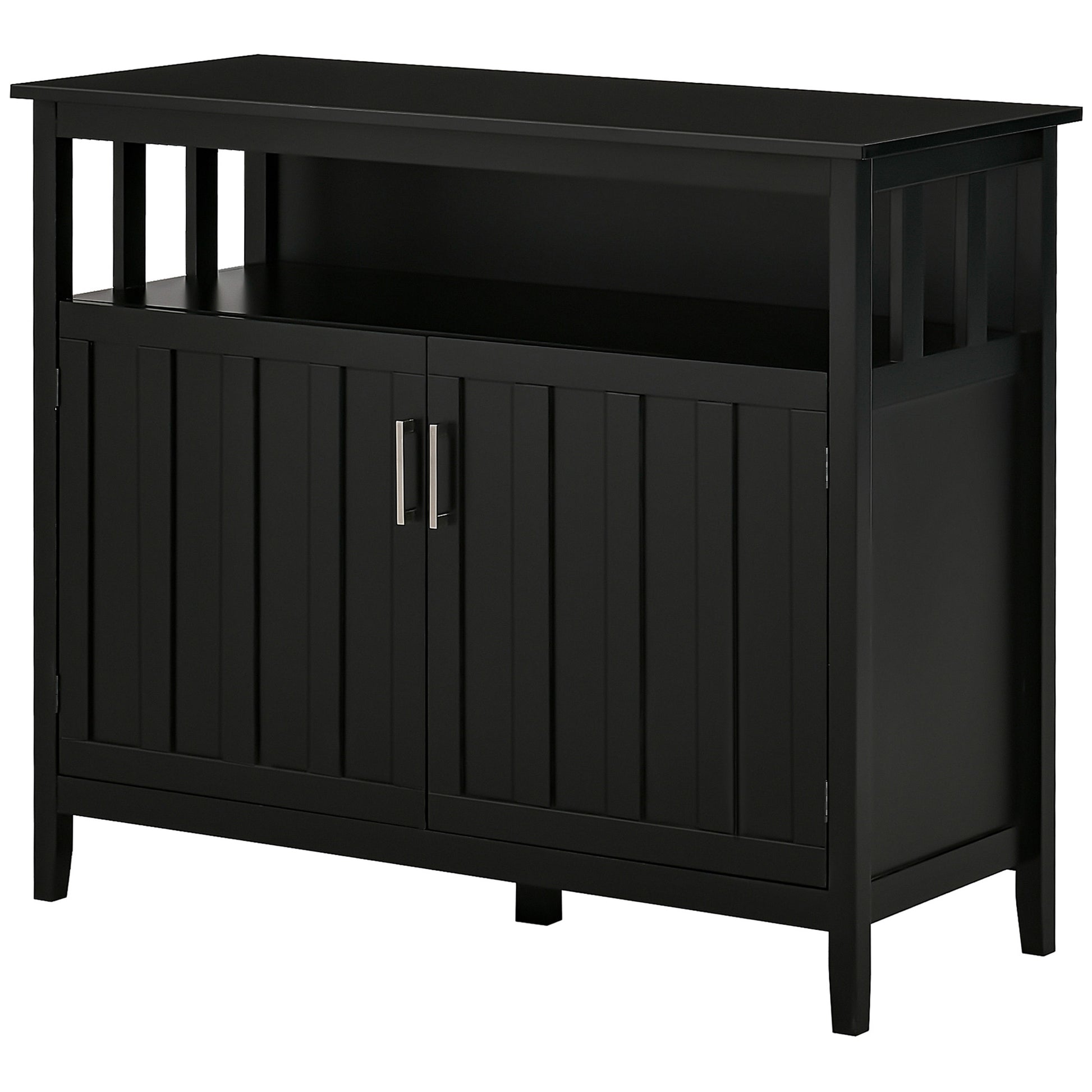 Black missionstyle sideboard with two paneled doors and open shelving above