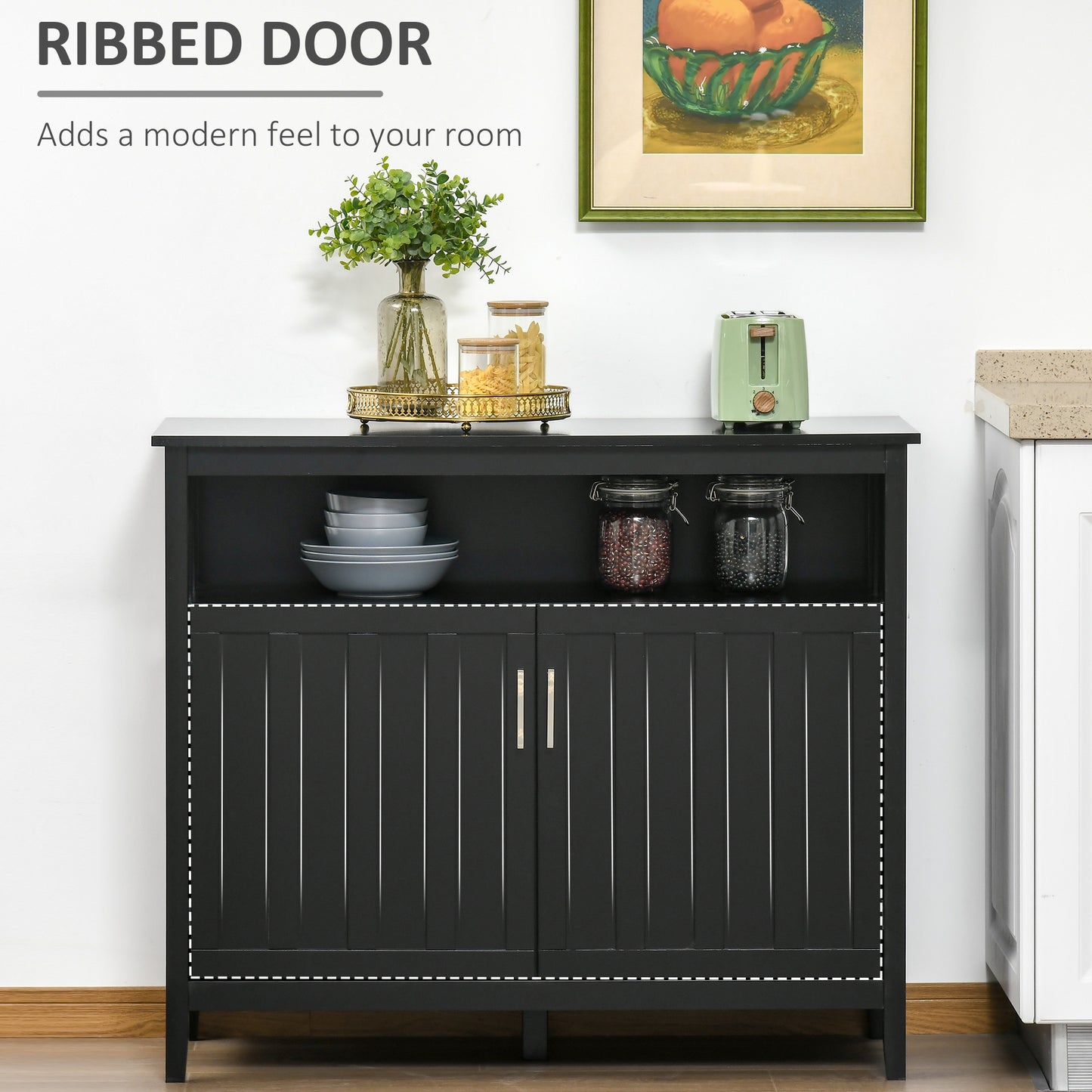 Black ribbed door cabinet with modern gold handles and open shelving