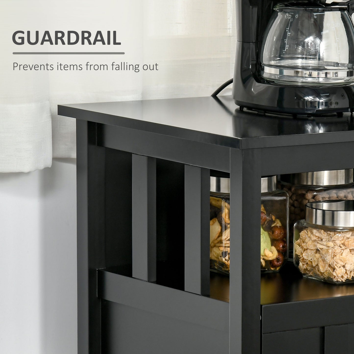 Black kitchen cart with guardrail and coffee maker