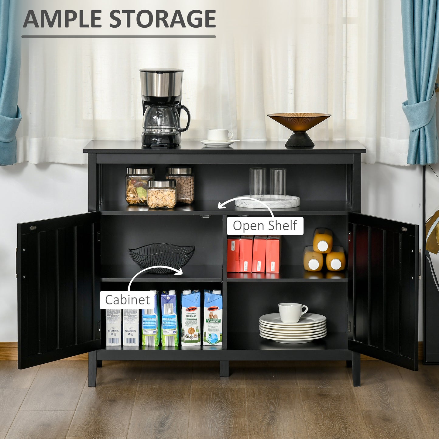 Black wooden sideboard with open doors ample storage and decorative items