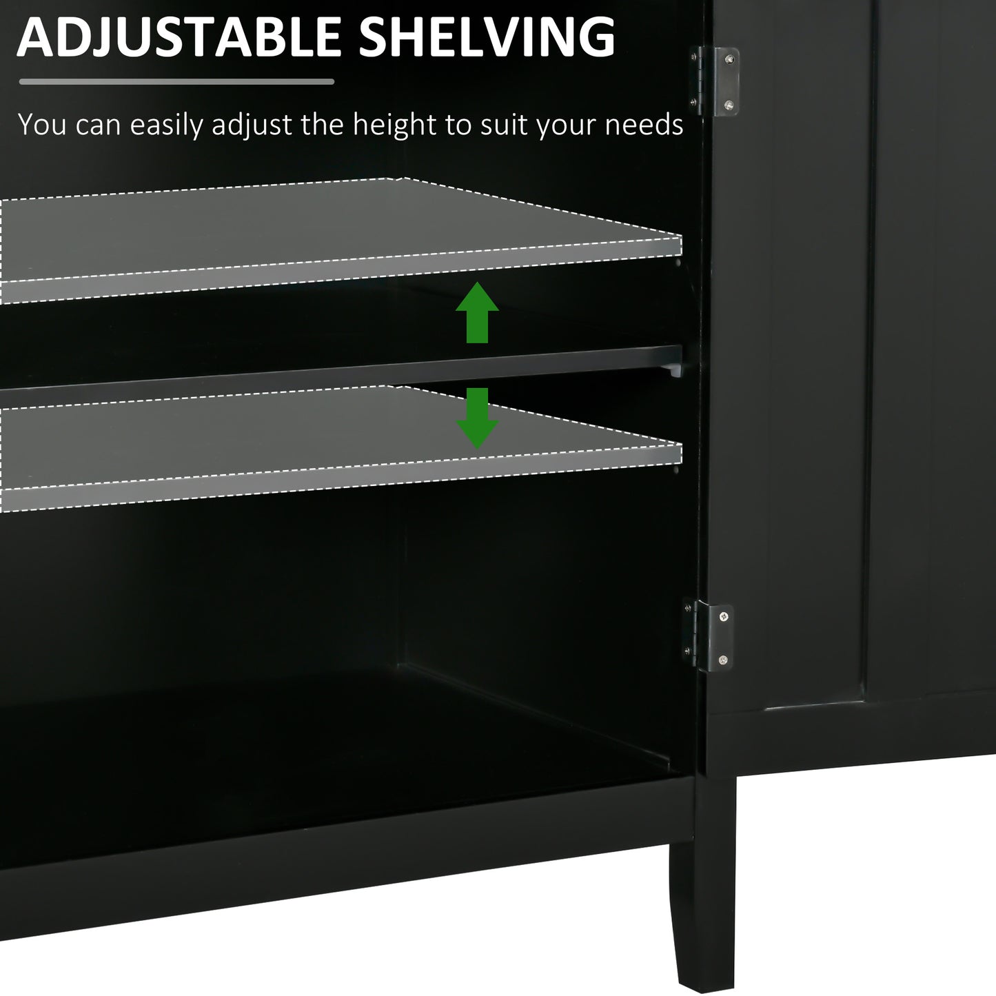 Black cabinet interior with adjustable shelving featuring two gray shelves and height adjustment indicators