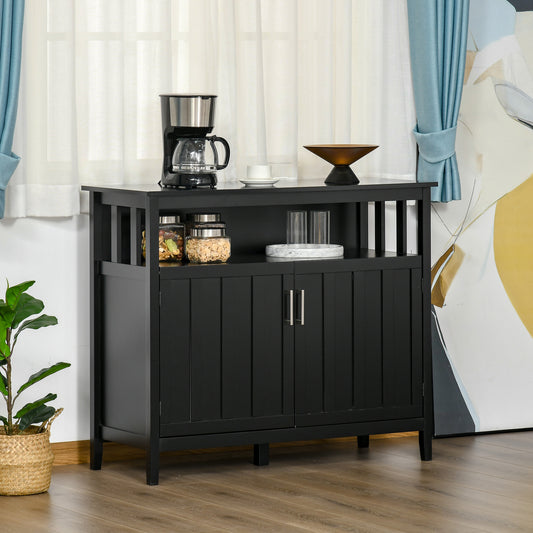 Black wooden sideboard with two cabinet doors open shelving and silver handles ideal for storage
