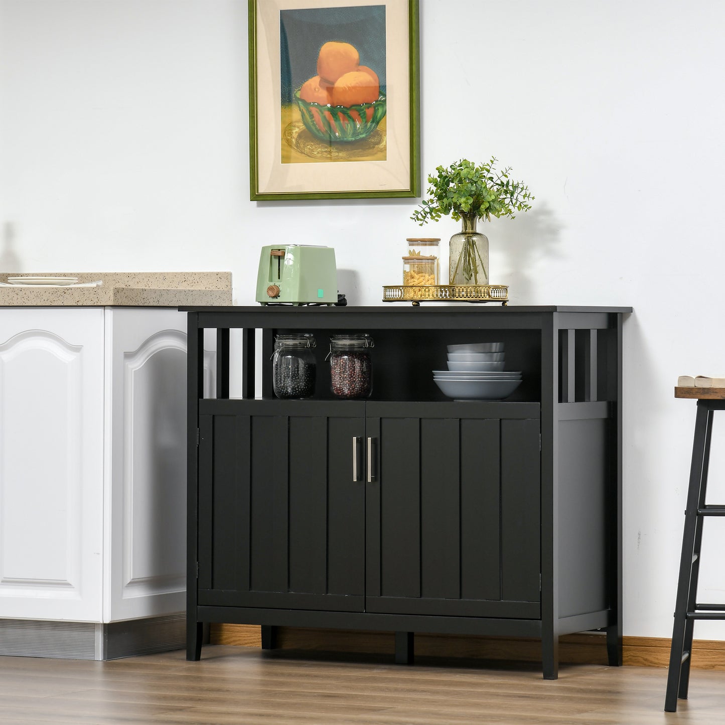 Black kitchen sideboard with slatted sides and two doors for storage