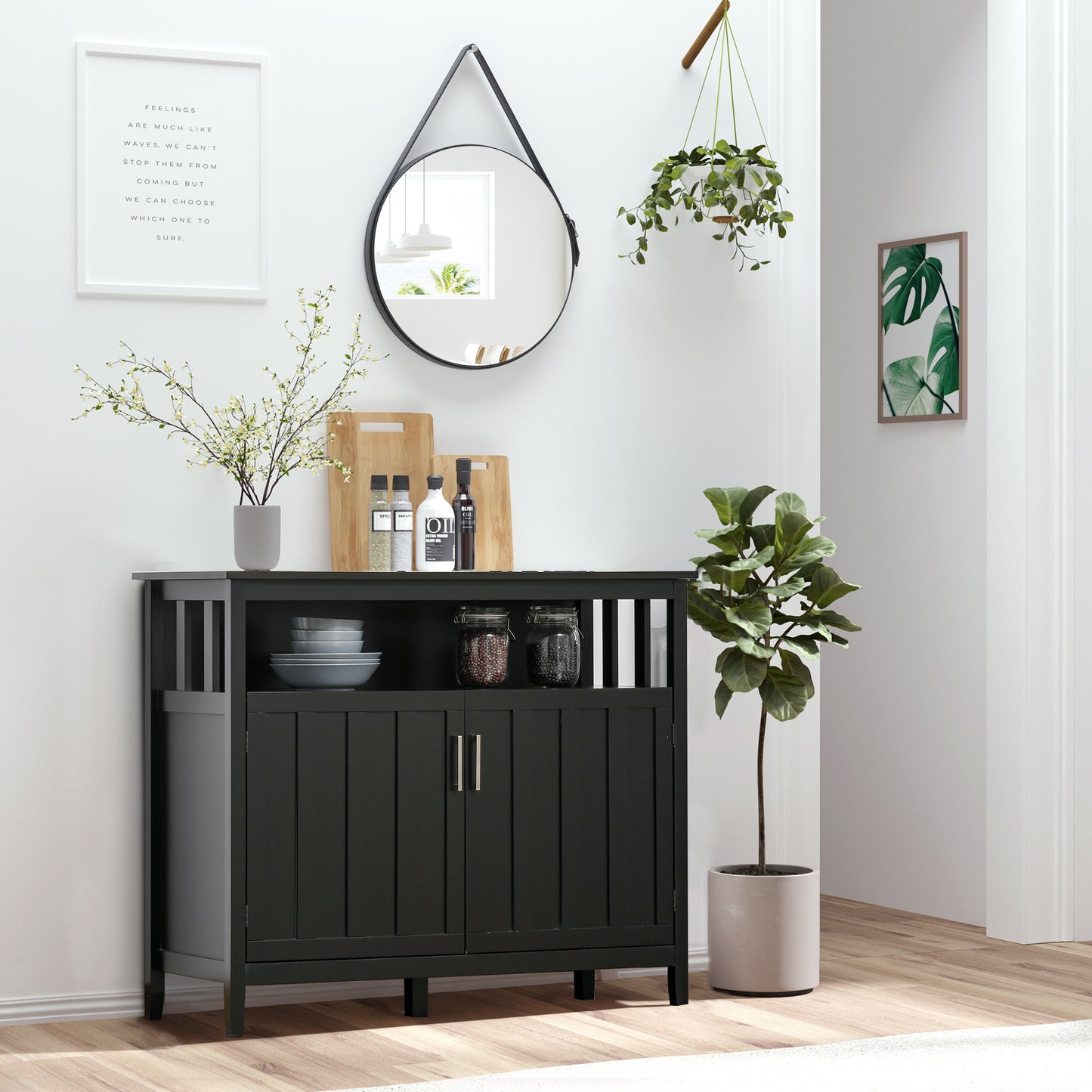 Black twodoor pantry cabinet with slatted sides and brushed nickel handles