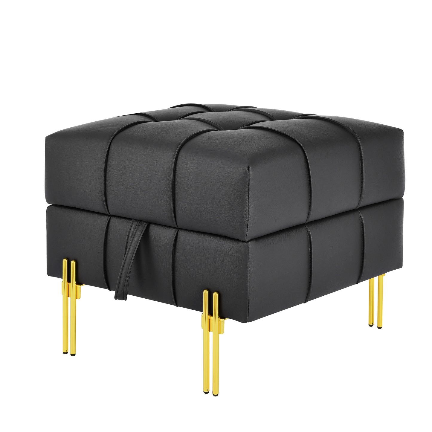 Black tufted faux leather ottoman with gold metallic legs and modern design