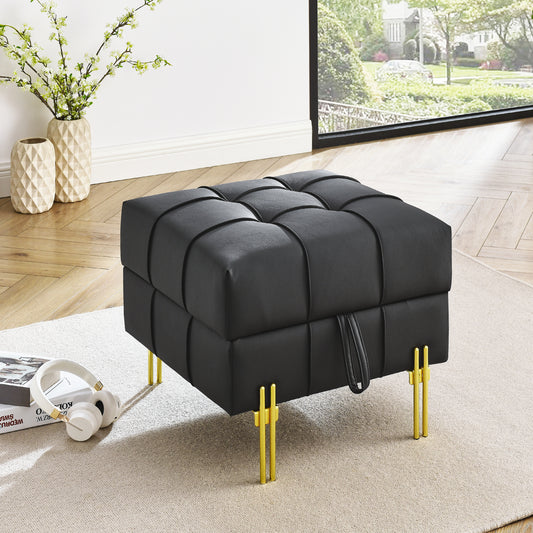 Black tufted storage ottoman with gold legs perfect accent for any living room