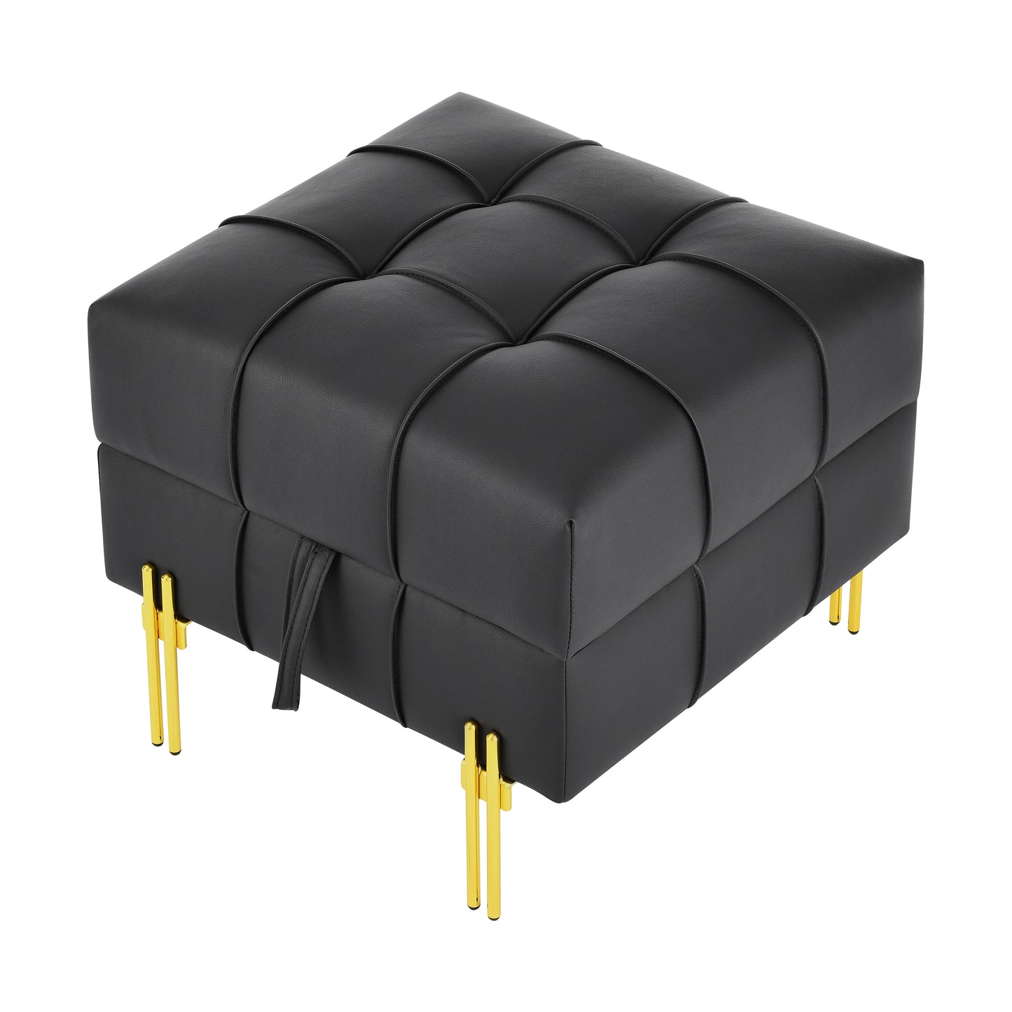 Black tufted leather ottoman with gold metal legs perfect for a modern living room accent piece