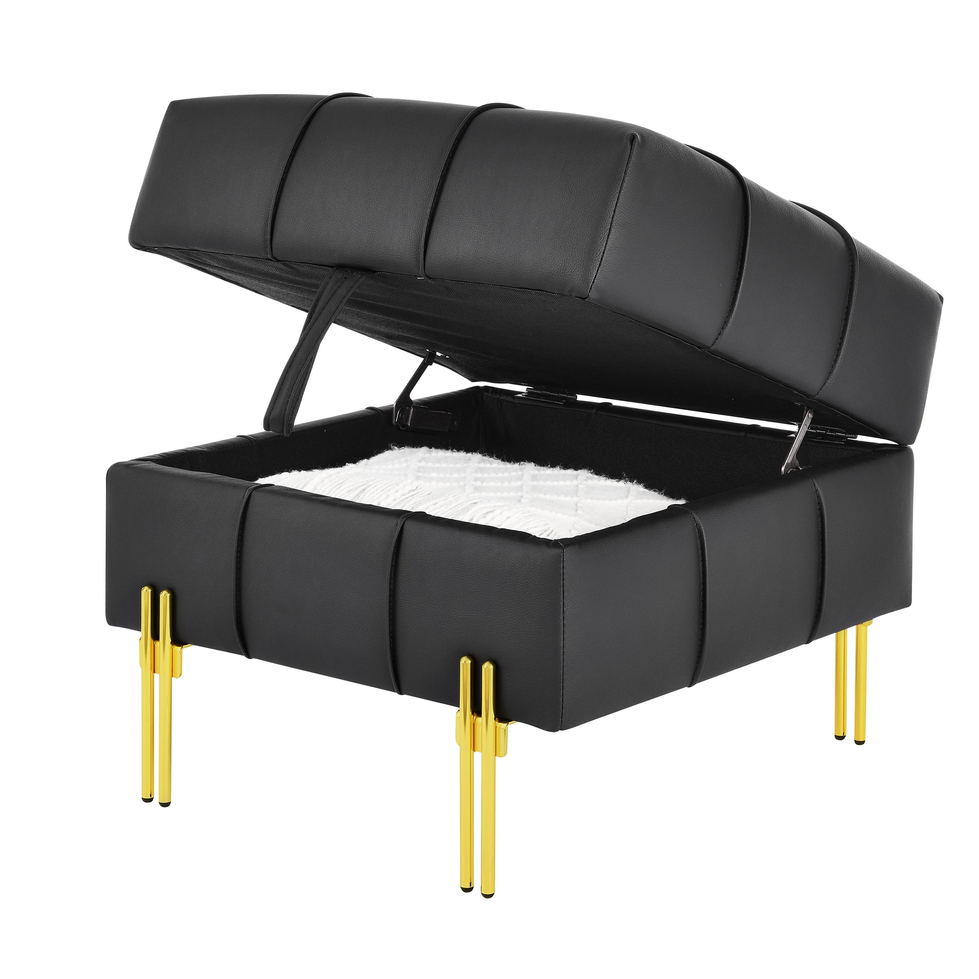 Black tufted ottoman with gold legs open to reveal storage space
