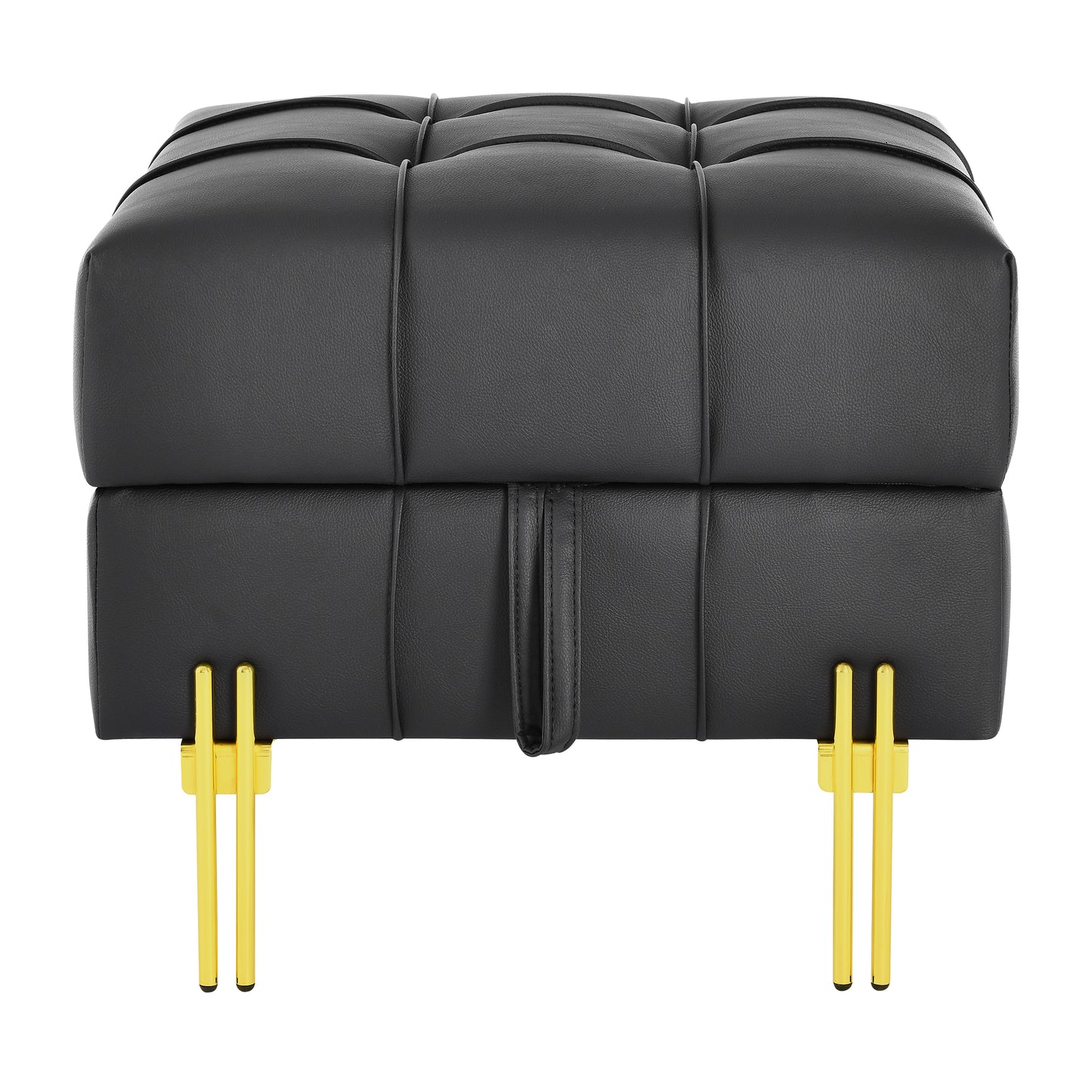 Black tufted leather ottoman with sleek gold legs for a modern living room accent