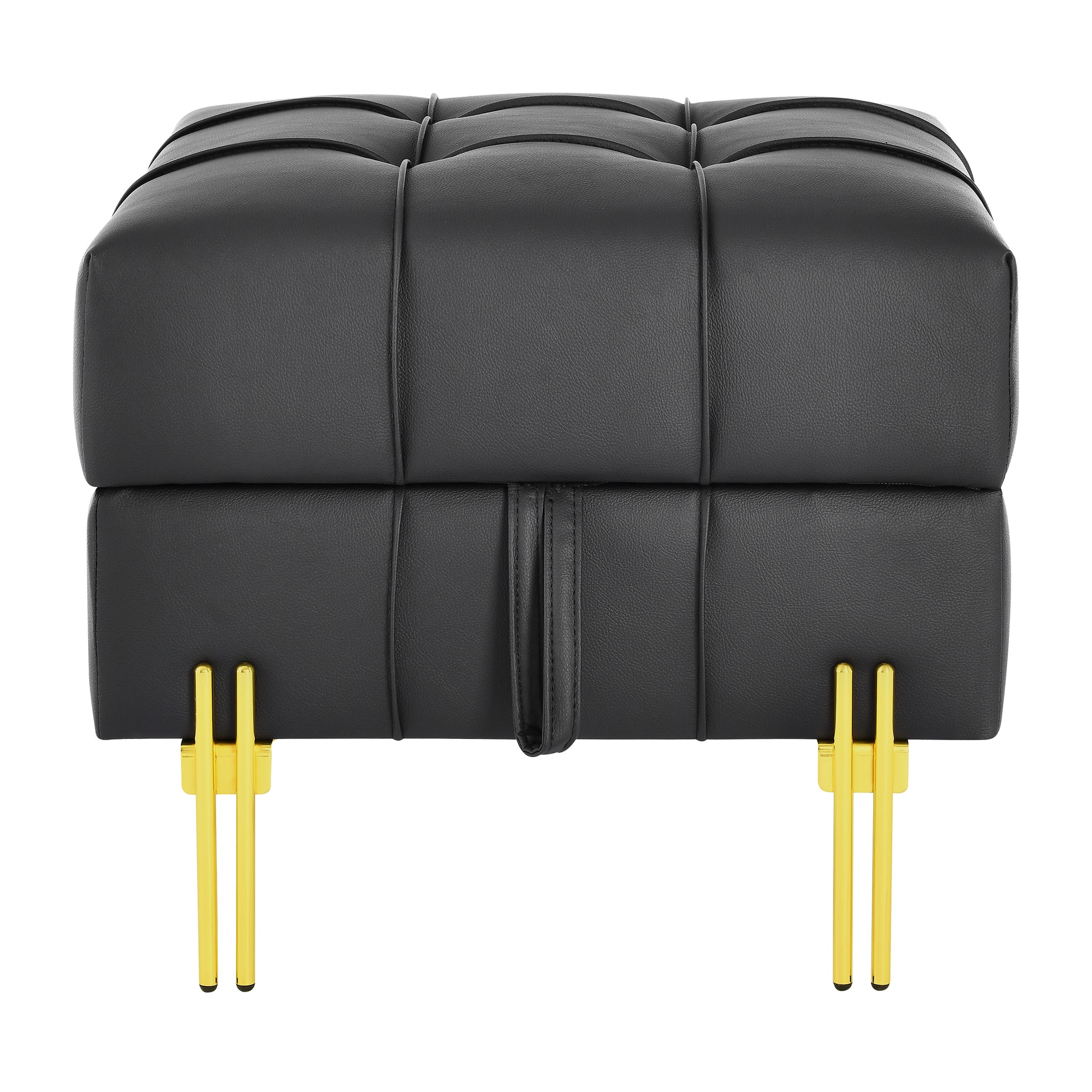 Black tufted leather ottoman with sleek gold legs for a modern living room accent