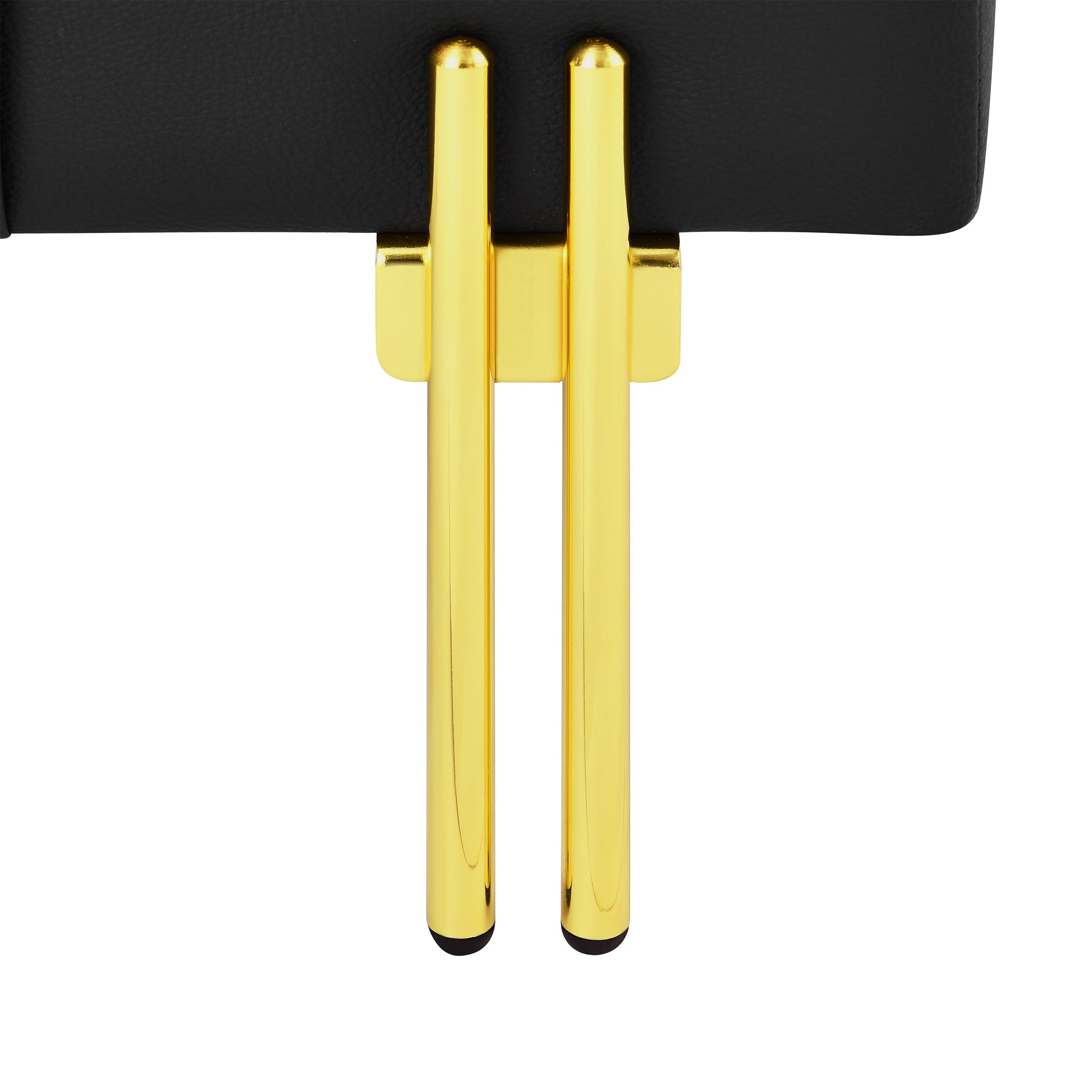 Black faux leather stool seat detail with polished gold Ushaped legs