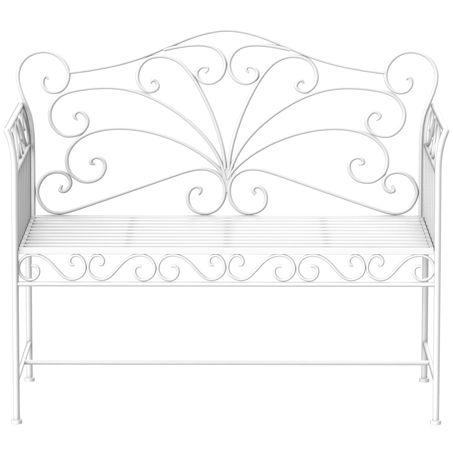 Ornate white wrought iron garden bench with intricate scrollwork perfect for outdoor seating