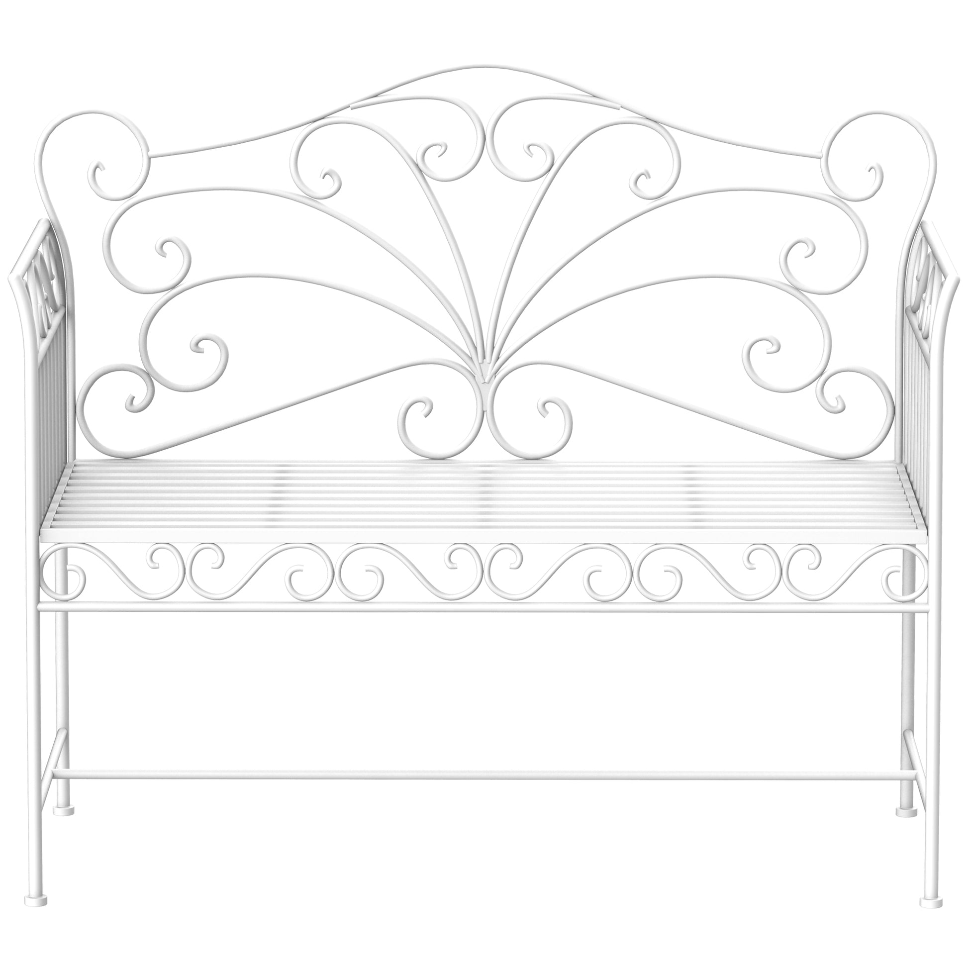 Ornate white wrought iron garden bench with intricate scrollwork perfect for outdoor seating