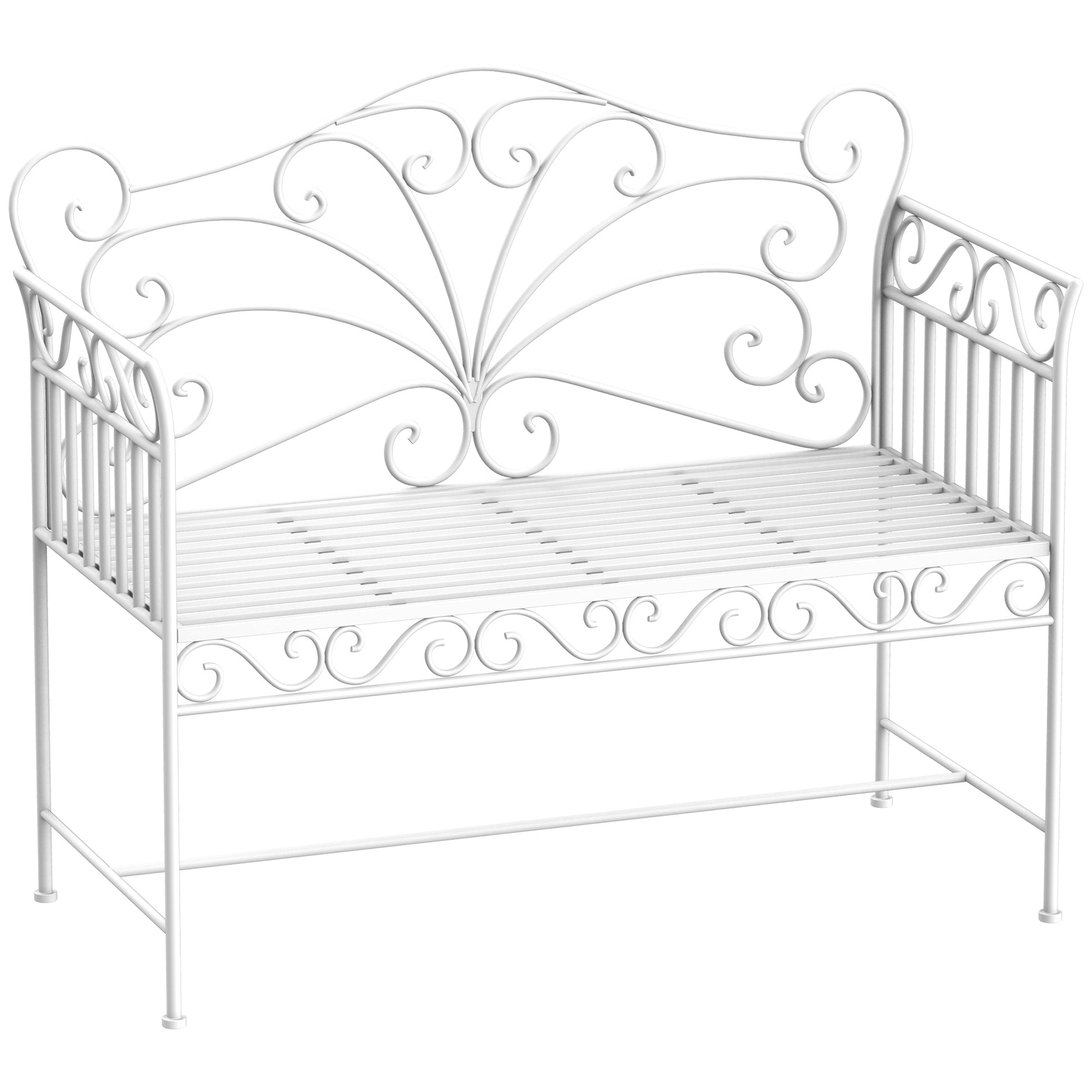 White wrought iron patio bench with ornate scrollwork detailing on the back and legs