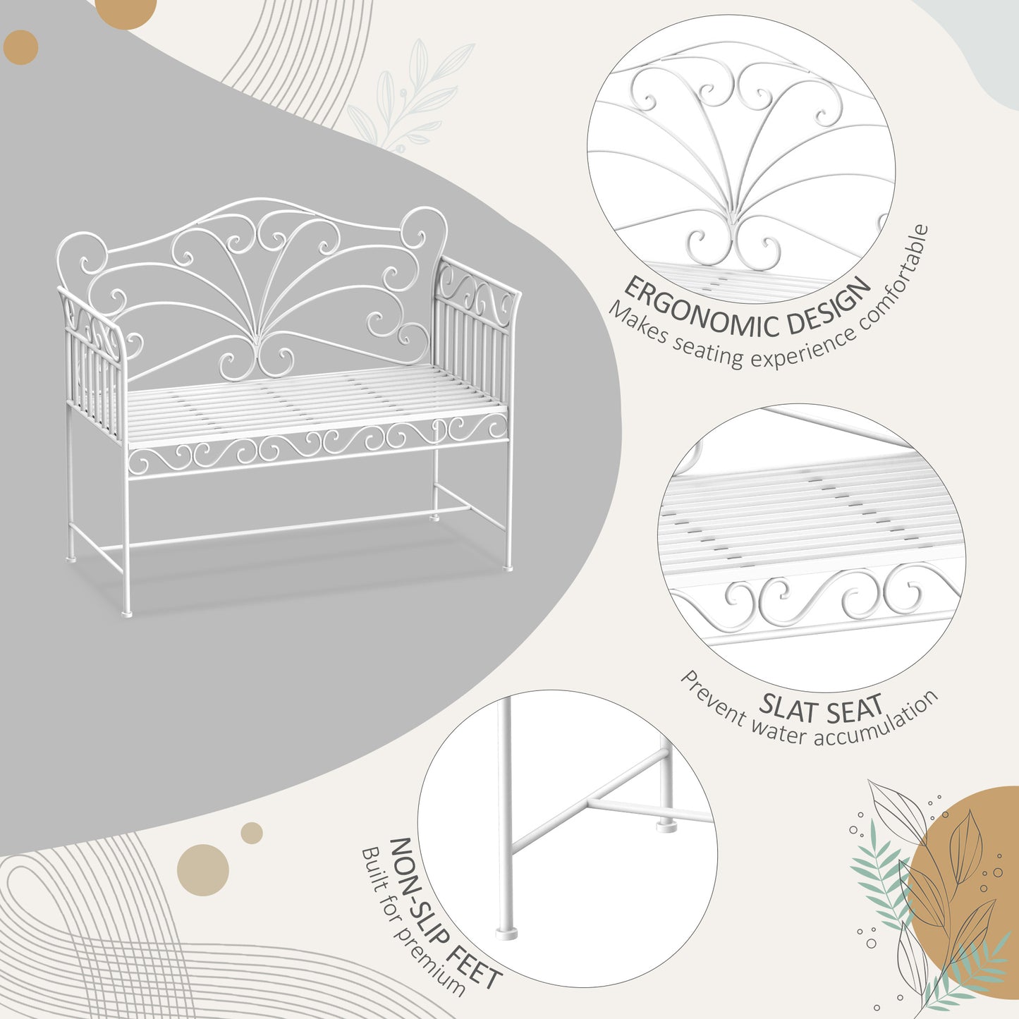 White wrought iron garden bench with ornate scrollwork on the back and armrests