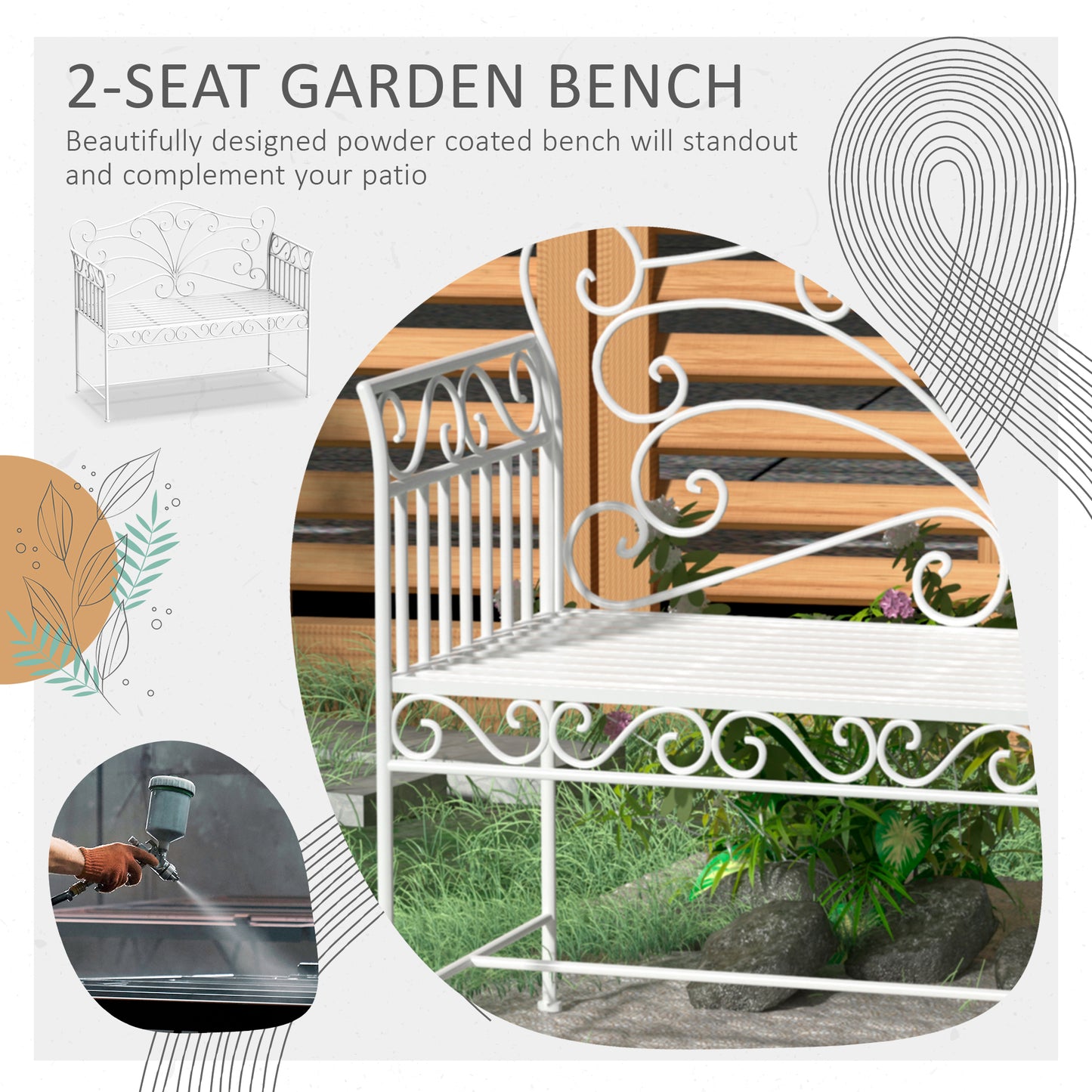 White ornate seat garden bench with powdercoated finish