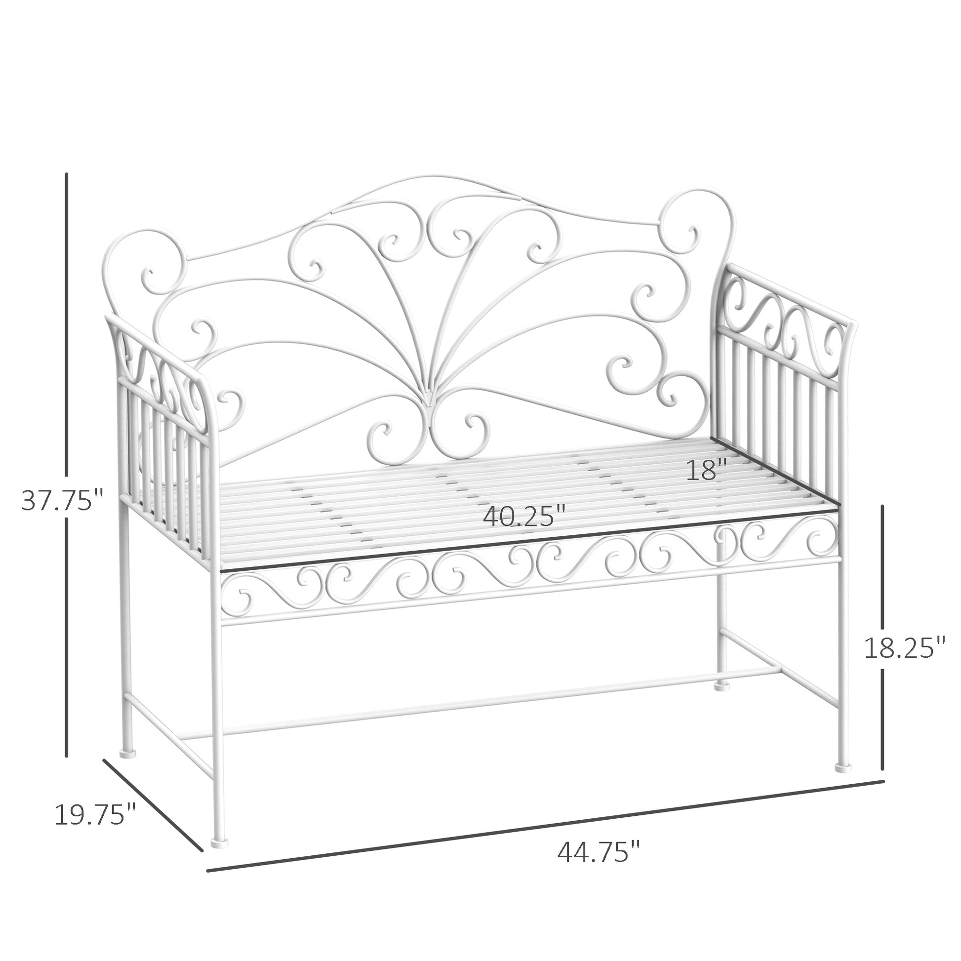 White wrought iron bench with decorative scrollwork and slatted seat for outdoor seating