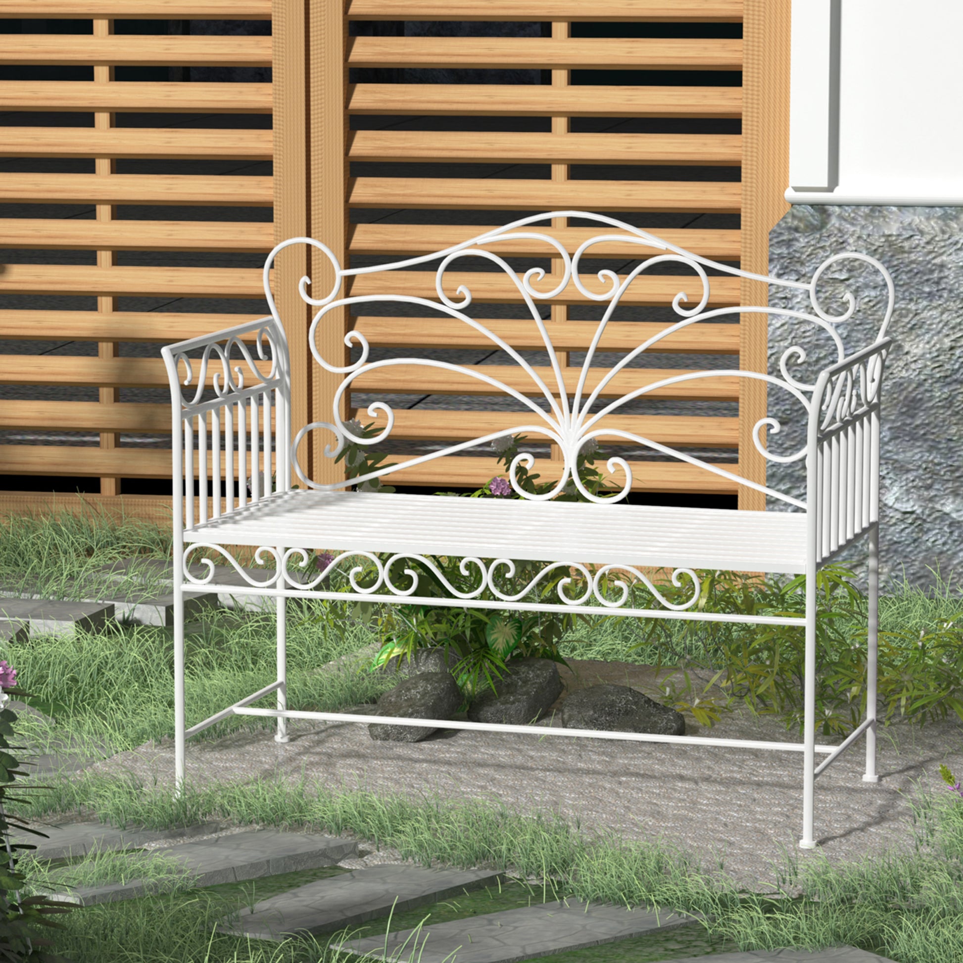 White metal ornate garden bench with scrolling details perfect for outdoor seating