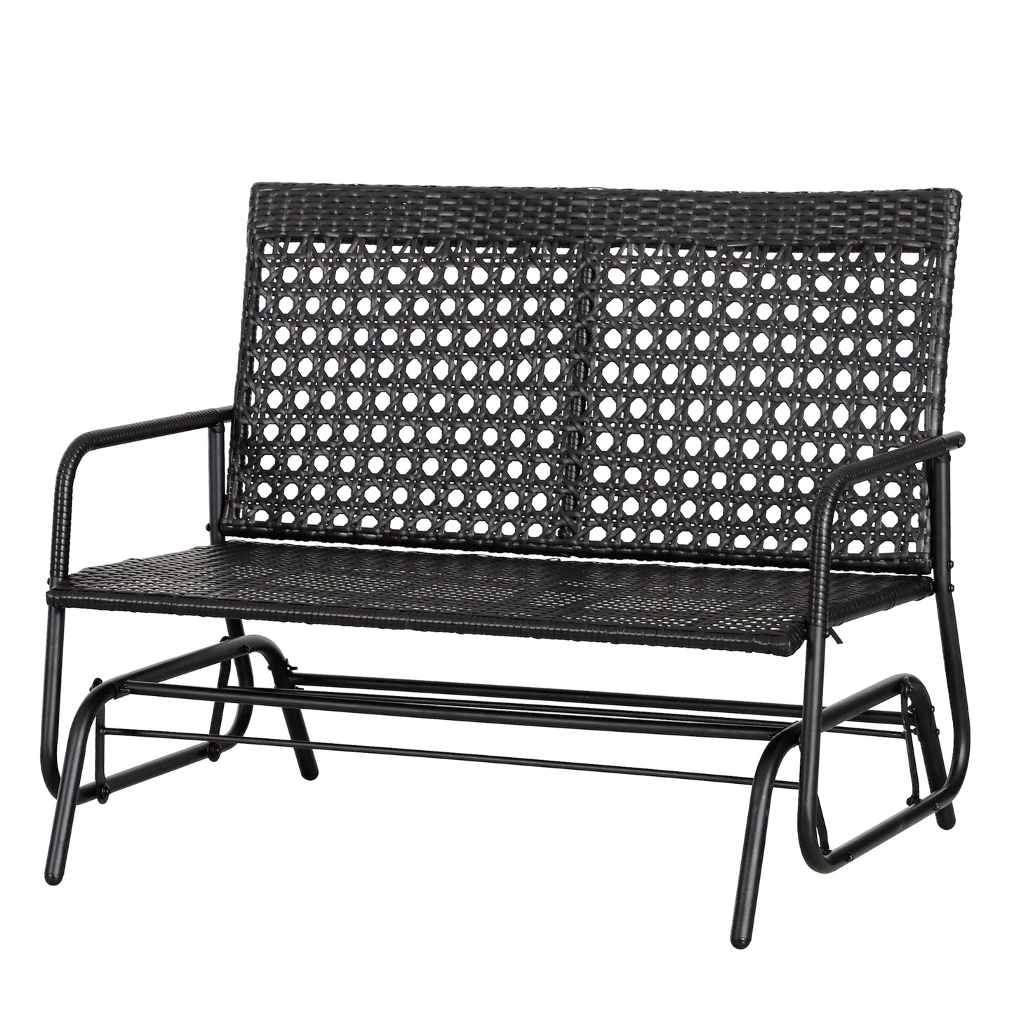 Black woven wicker outdoor glider bench with metal frame perfect for patio seating
