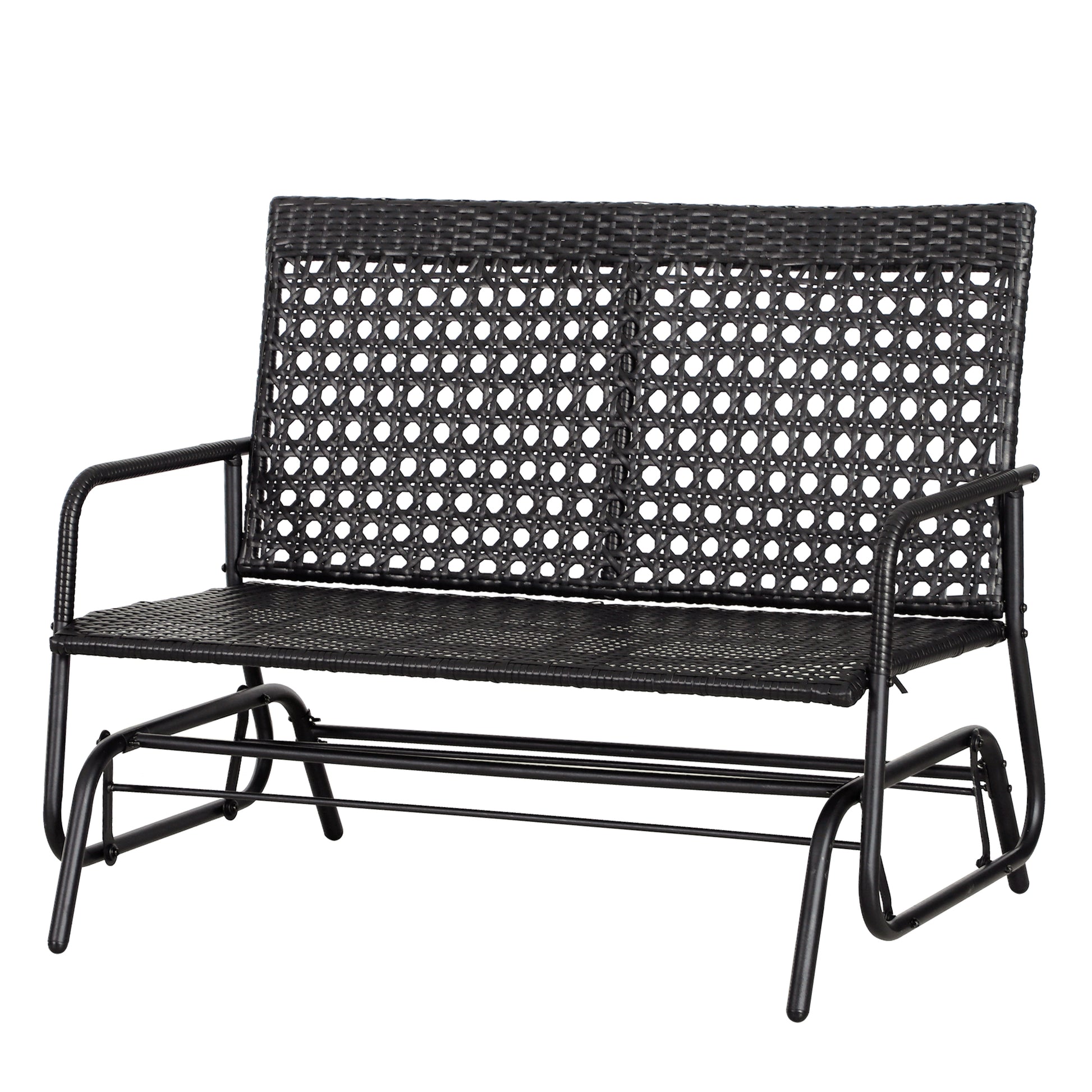 Black woven wicker outdoor glider bench with metal frame perfect for patio seating