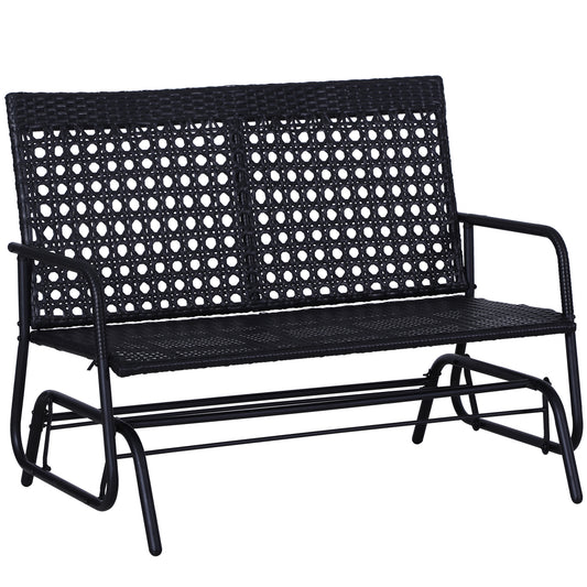 Black wicker patio glider bench with metal frame and armrests perfect for outdoor seating