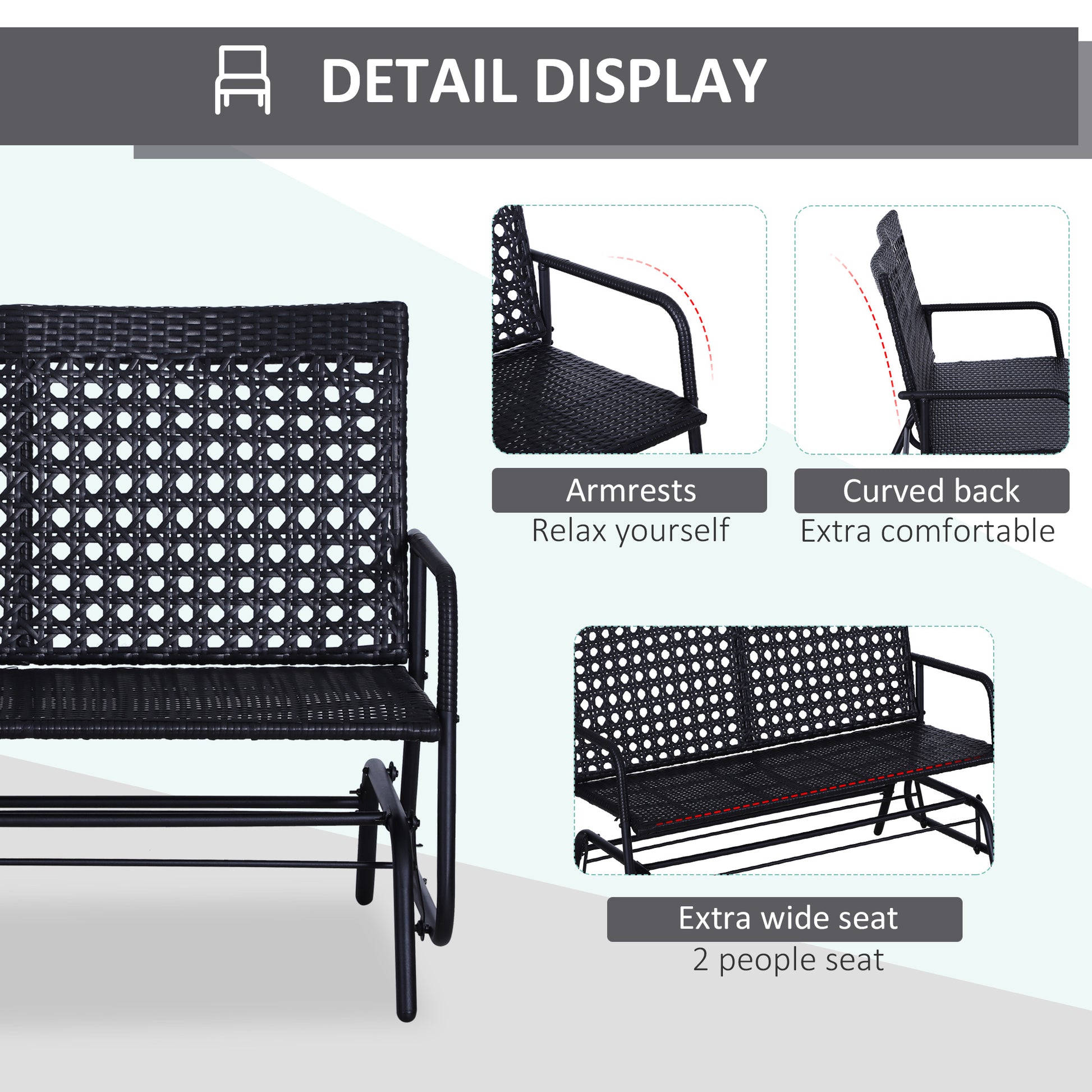 Black wicker outdoor glider with armrests for comfortable relaxation