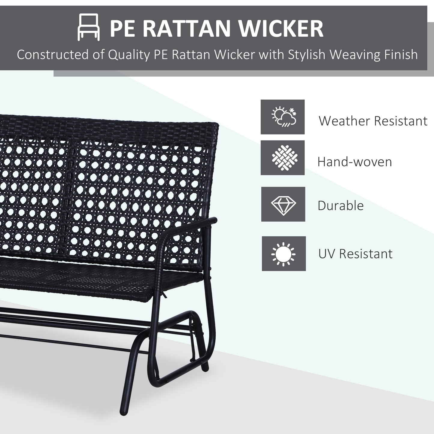 Black PE rattan wicker bench with handwoven details for outdoor seating