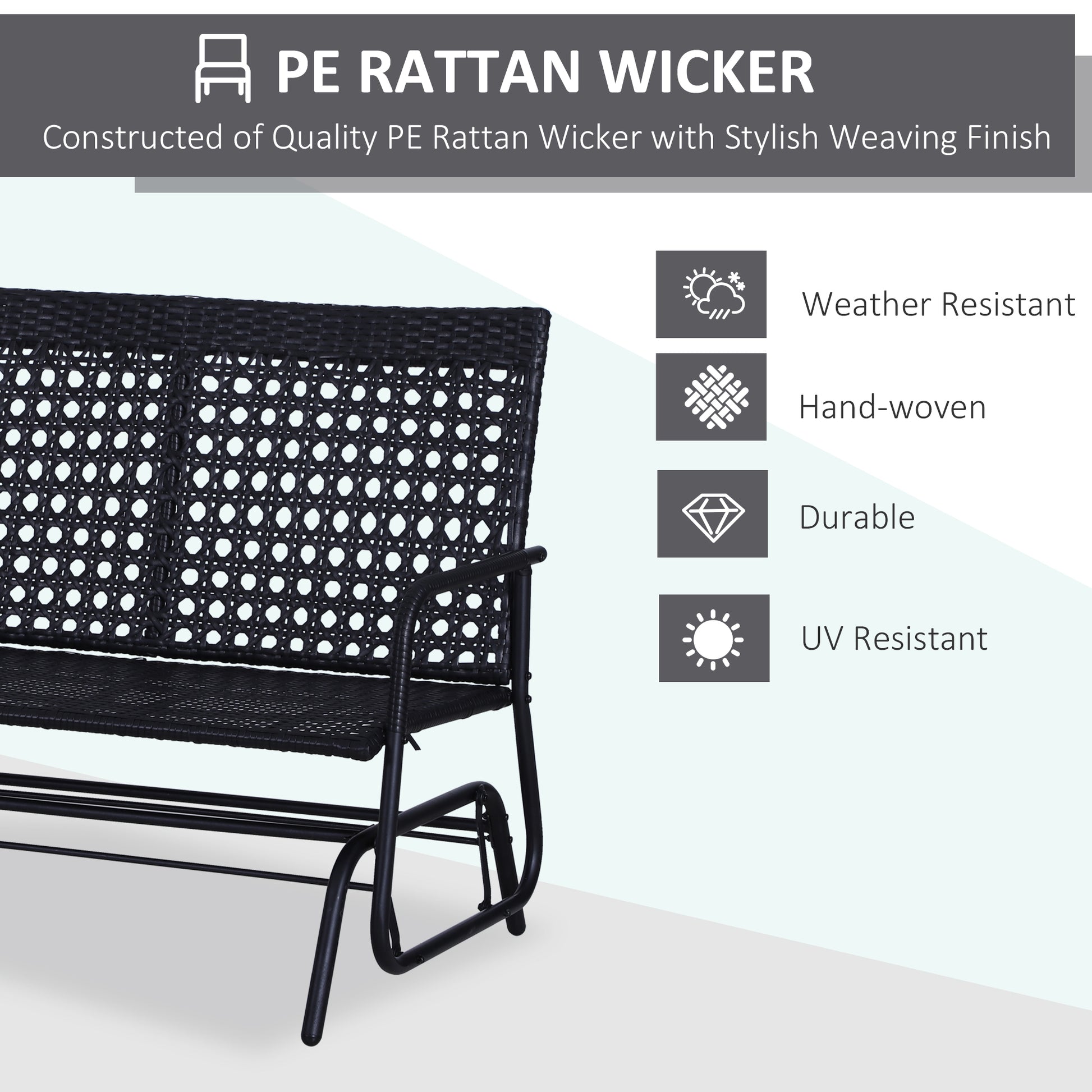 Black PE rattan wicker bench with handwoven details for outdoor seating