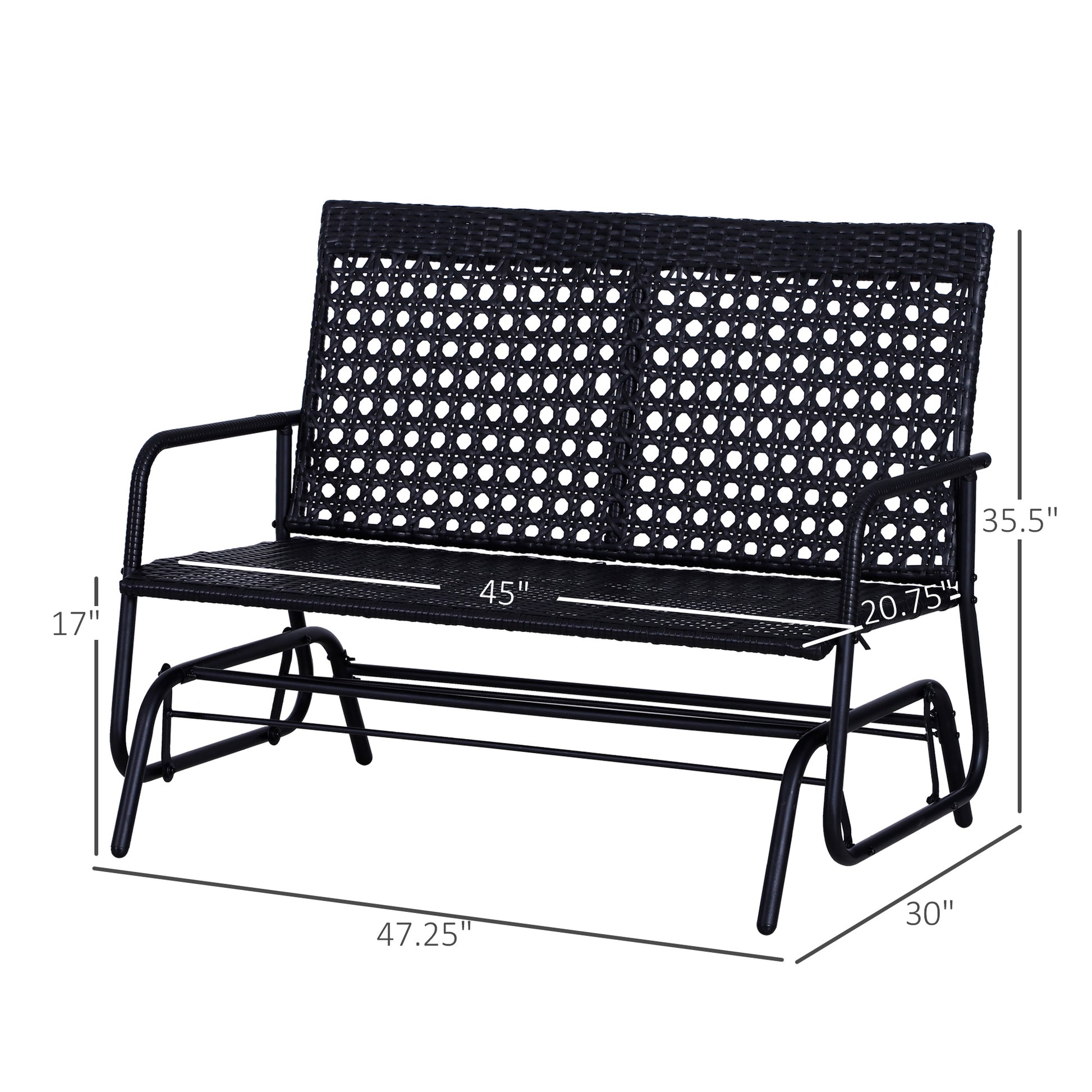 Black rattan outdoor glider bench with curved arms and metal base
