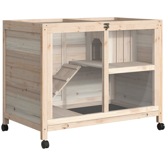 Natural wood small animal cage with multiple levels and ramp for active pets