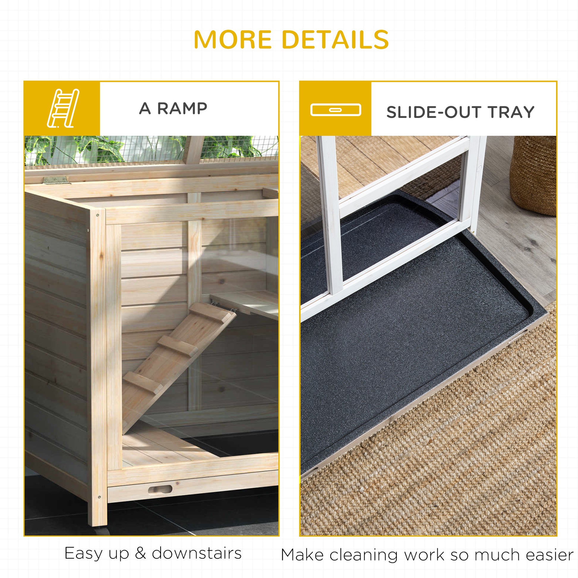 Wooden pet hutch features an angled ramp for easy pet access to elevated levels