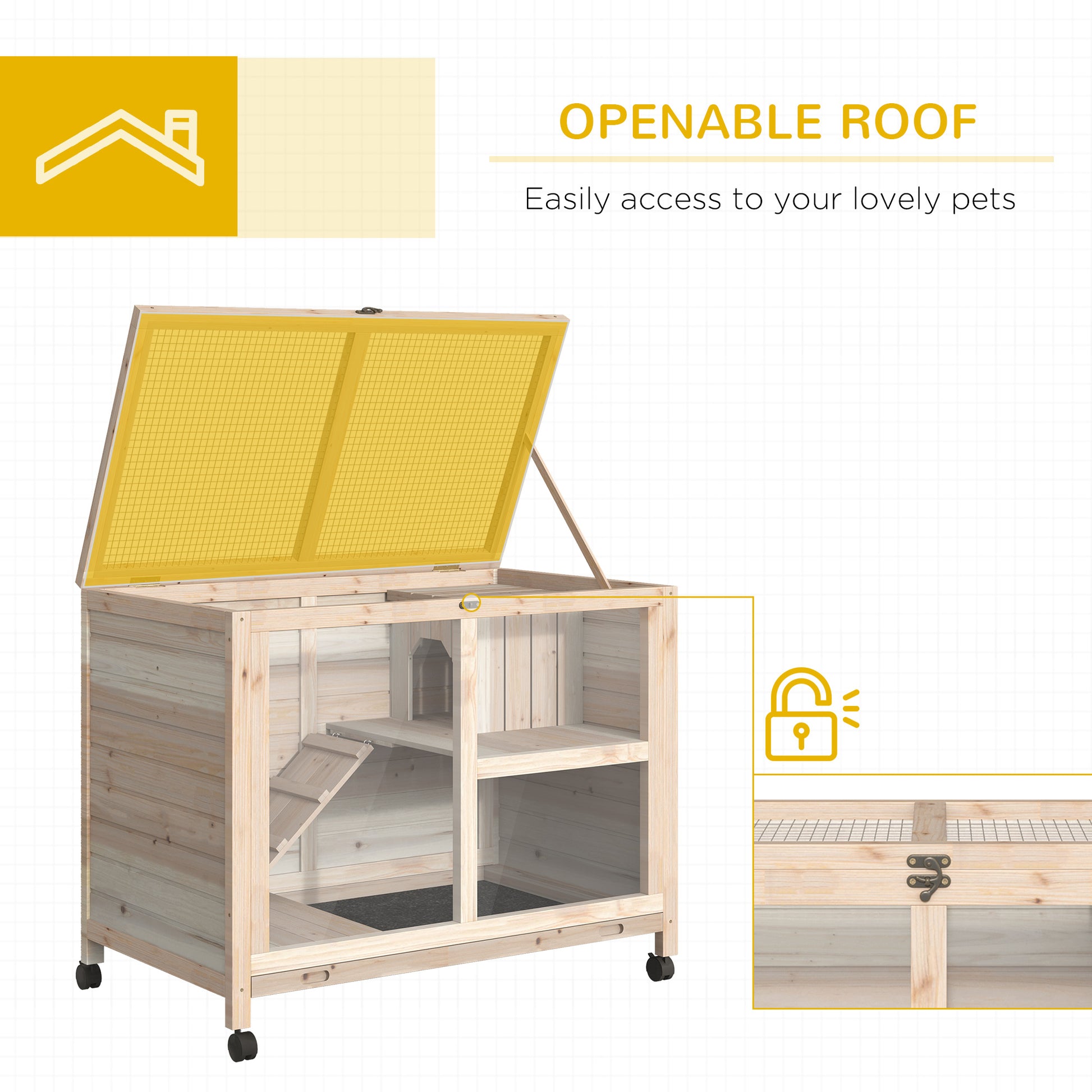 Wooden pet cage with openable yellow mesh roof and multiple levels