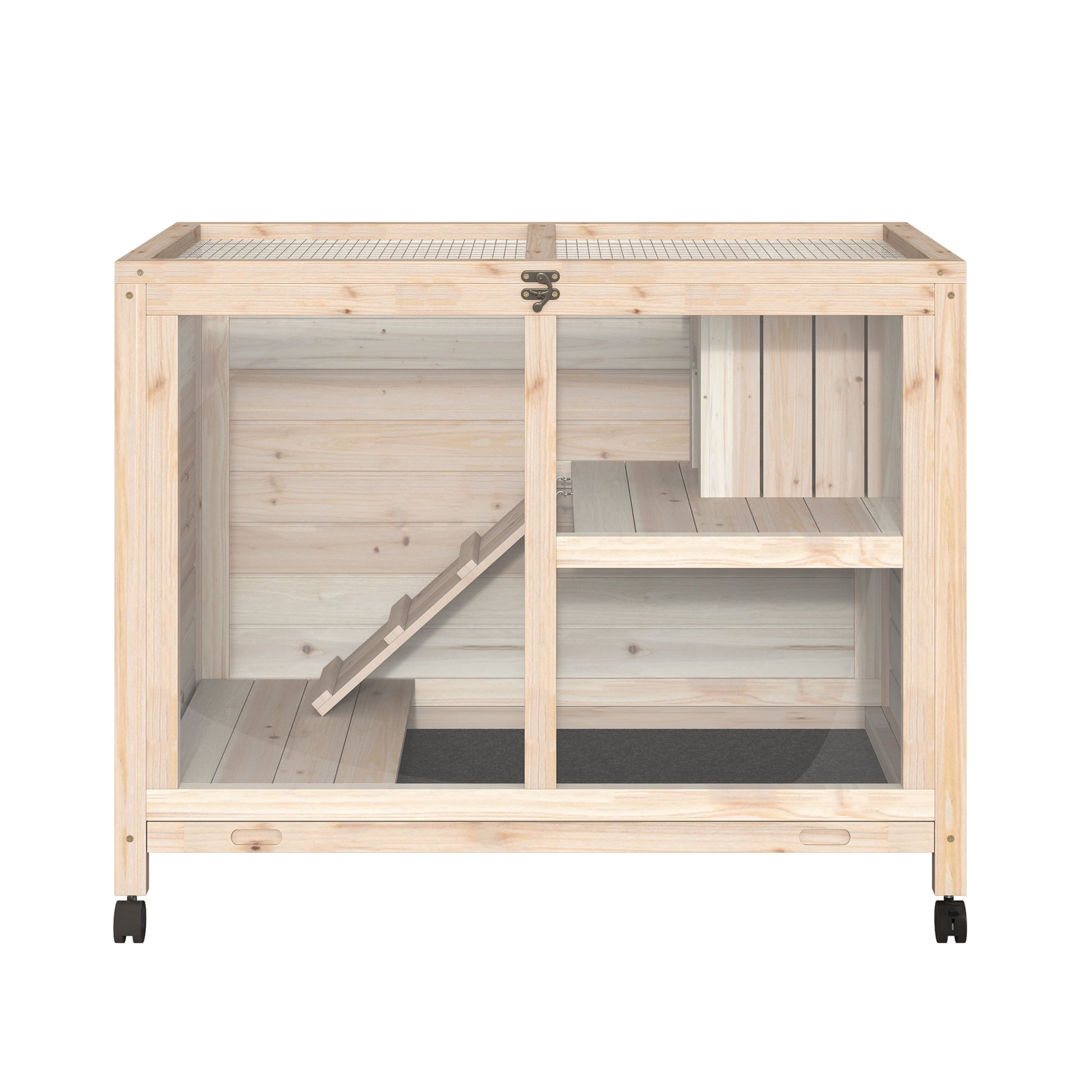 Natural wood hamster cage with clear acrylic sides ramps and multiple levels for optimal pet activity