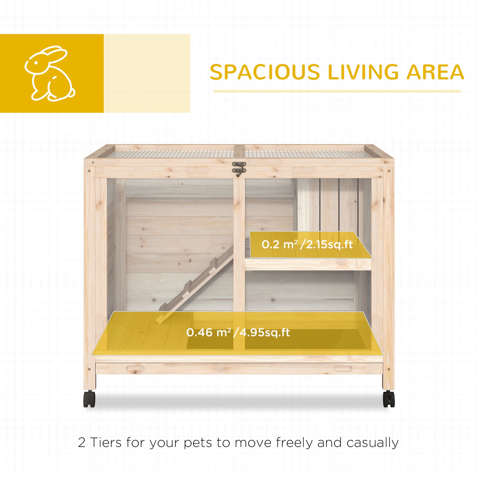 Wooden rabbit hutch with two tiers and ramps for pet movement offering spacious living