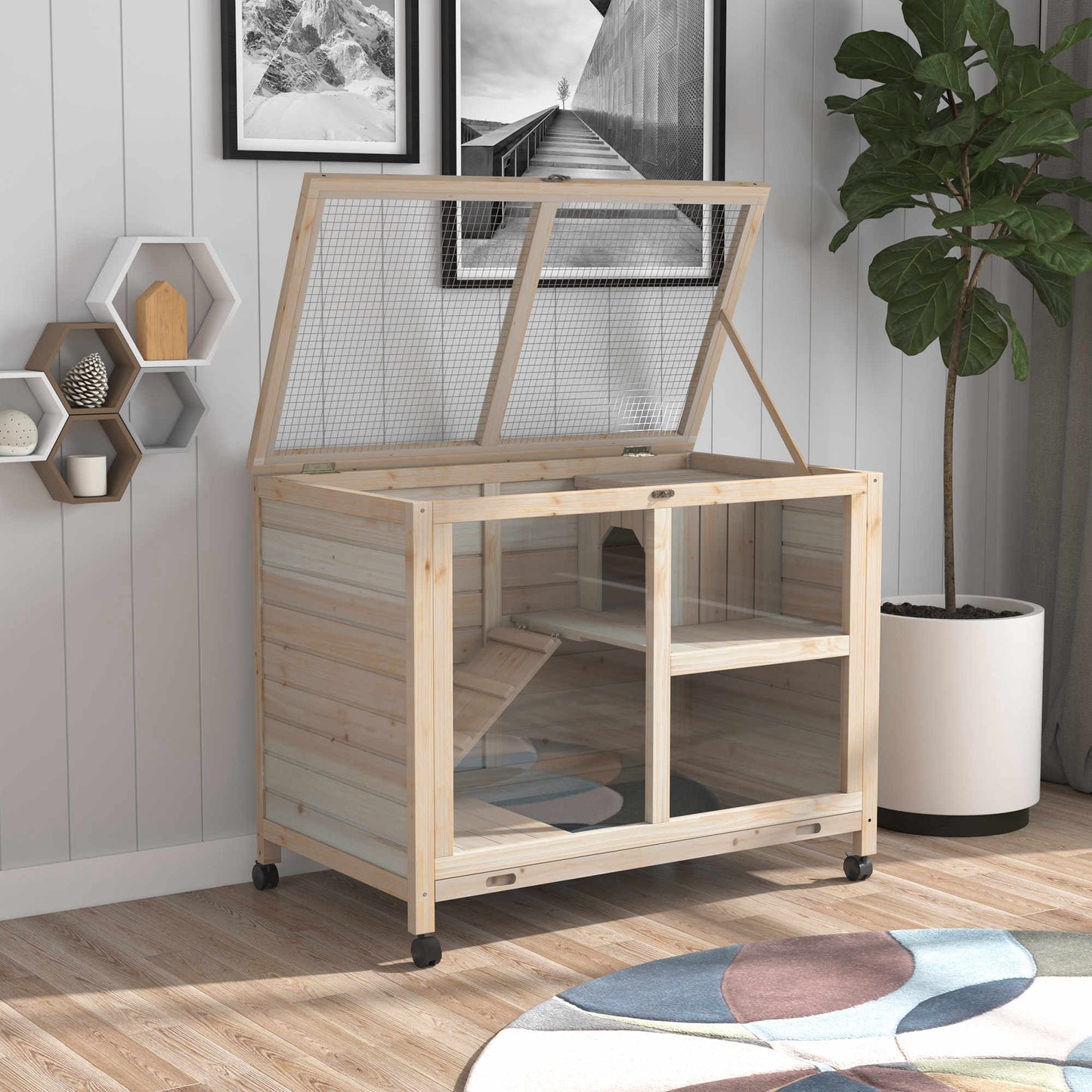 Wooden hamster cage with multiple levels and a ramp for pets