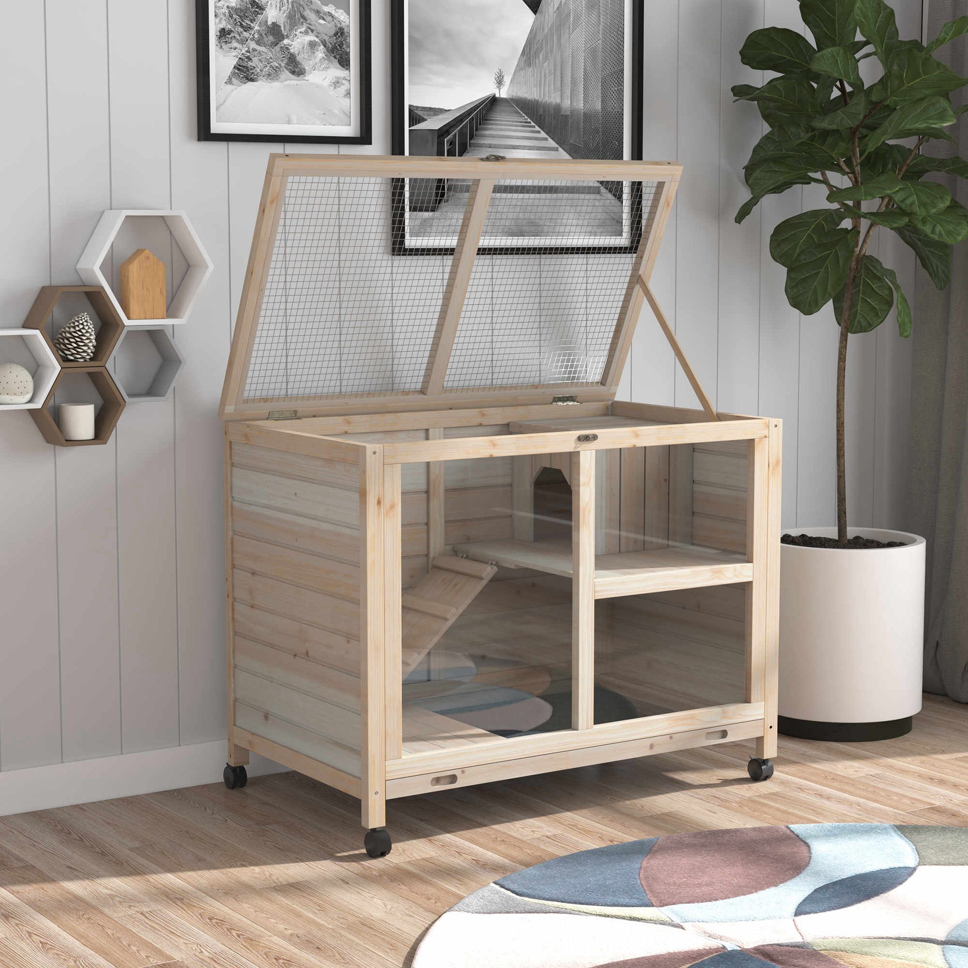 Wooden hamster cage with multiple levels and a ramp for pets
