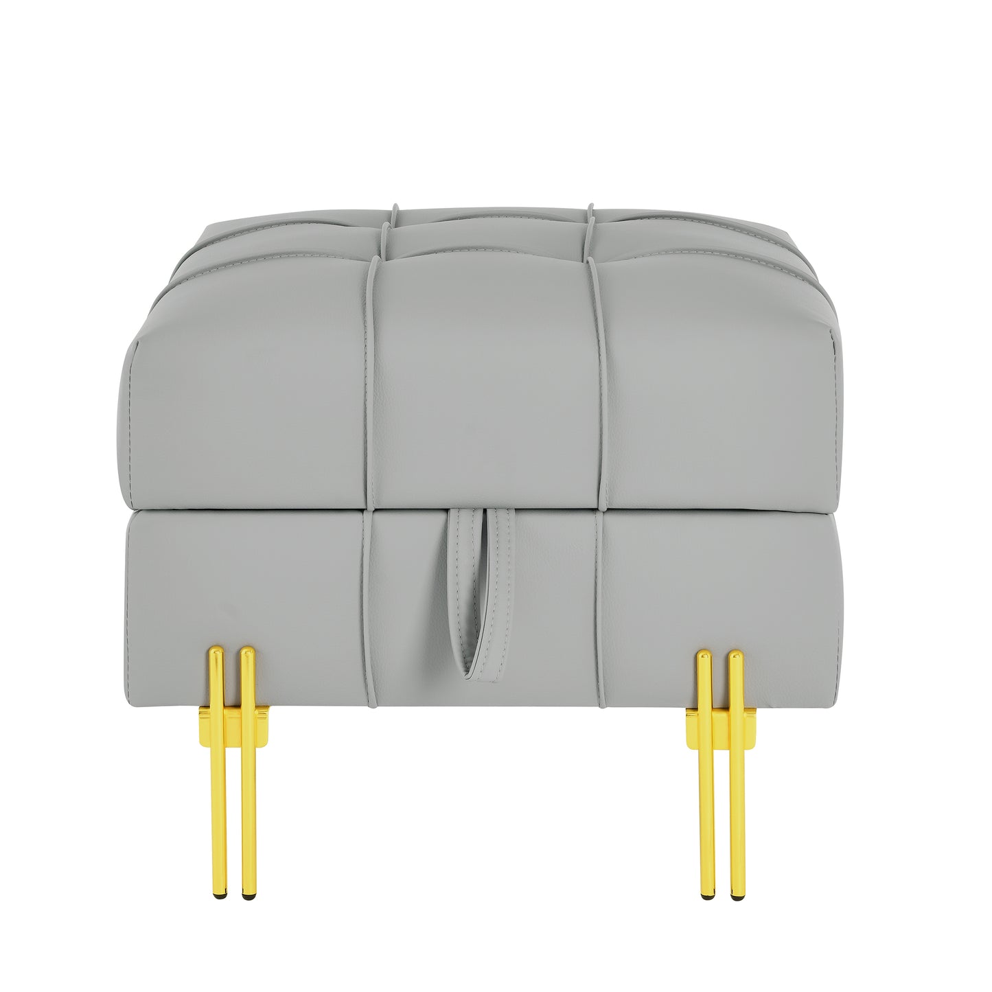 Light gray faux leather storage ottoman with button tufting and gold legs