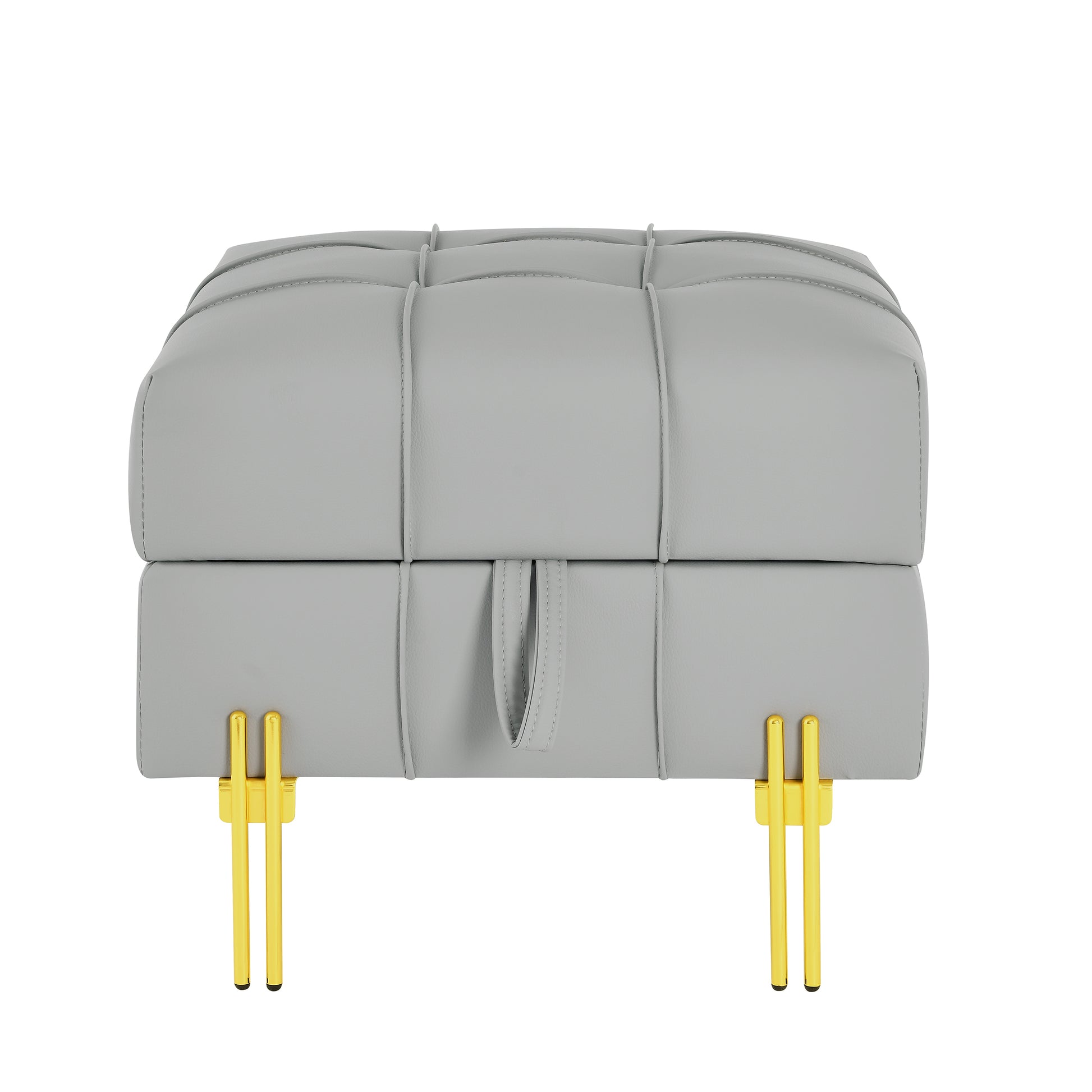 Light gray faux leather storage ottoman with button tufting and gold legs