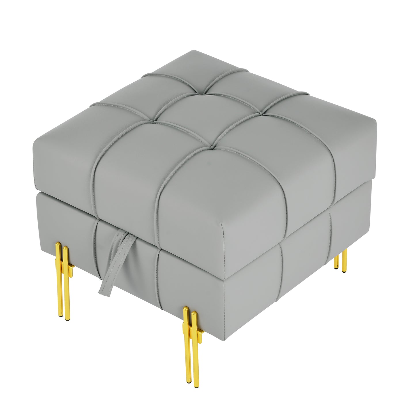 Gray tufted faux leather ottoman with gold legs modern accent furniture