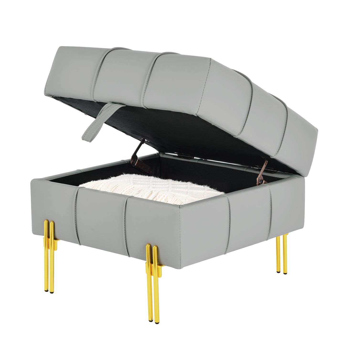 Gray upholstered storage ottoman with diamond tufting and gold legs open to reveal interior storage