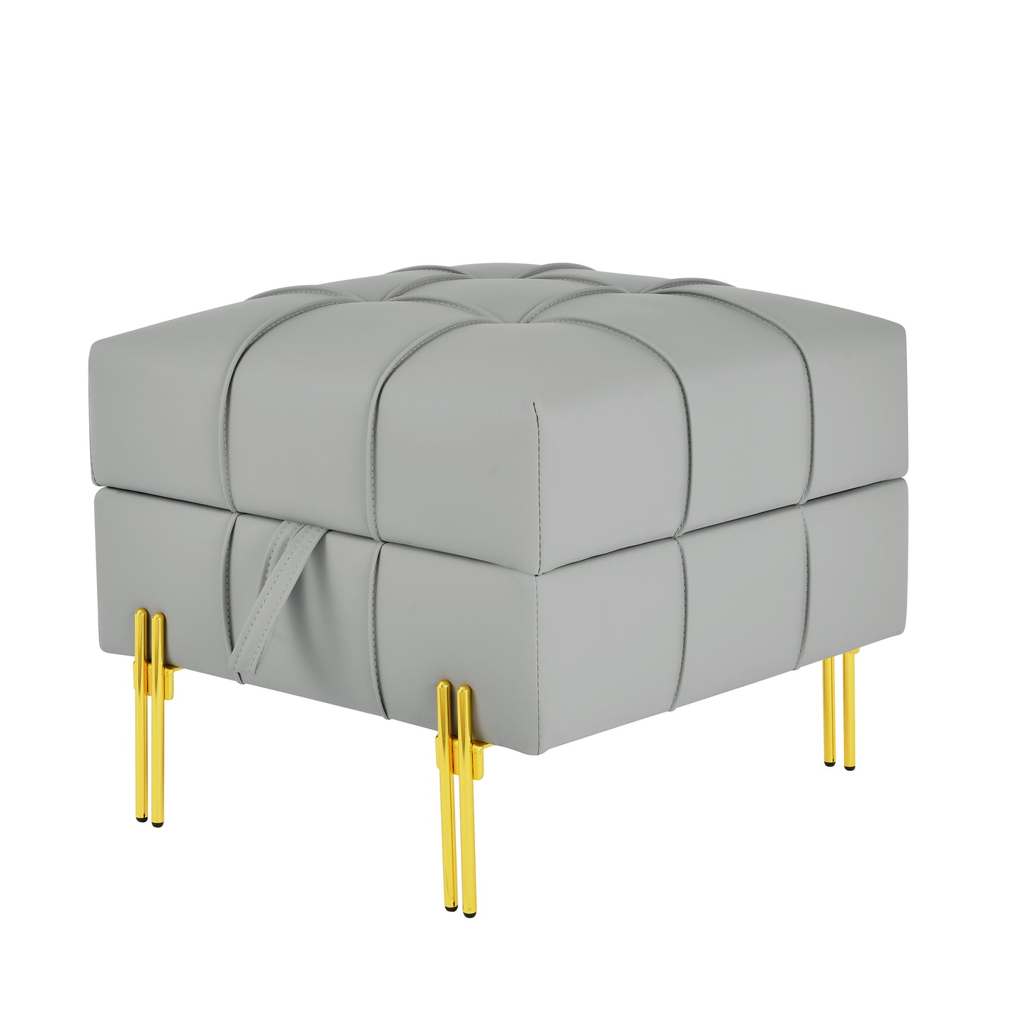 Grey tufted faux leather ottoman with gold hairpin legs
