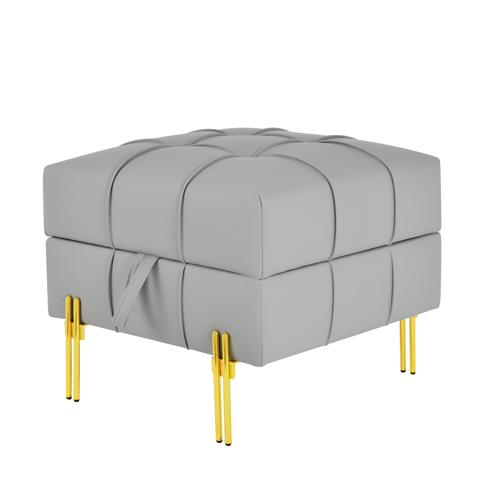 Grey tufted faux leather ottoman with gold hairpin legs