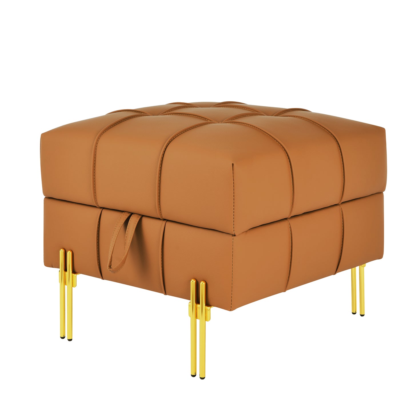 Tufted cognac leather ottoman with modern gold legs perfect for living rooms