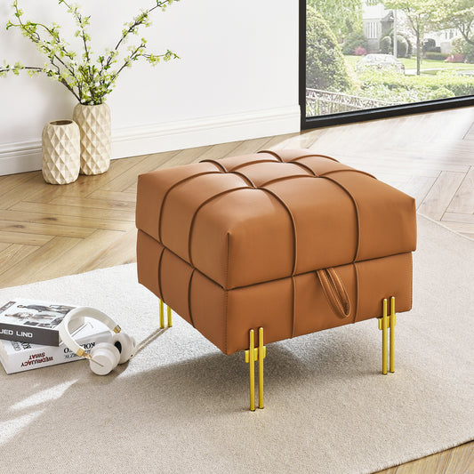 Tan tufted faux leather ottoman with gold hairpin legs perfect for a modern living room