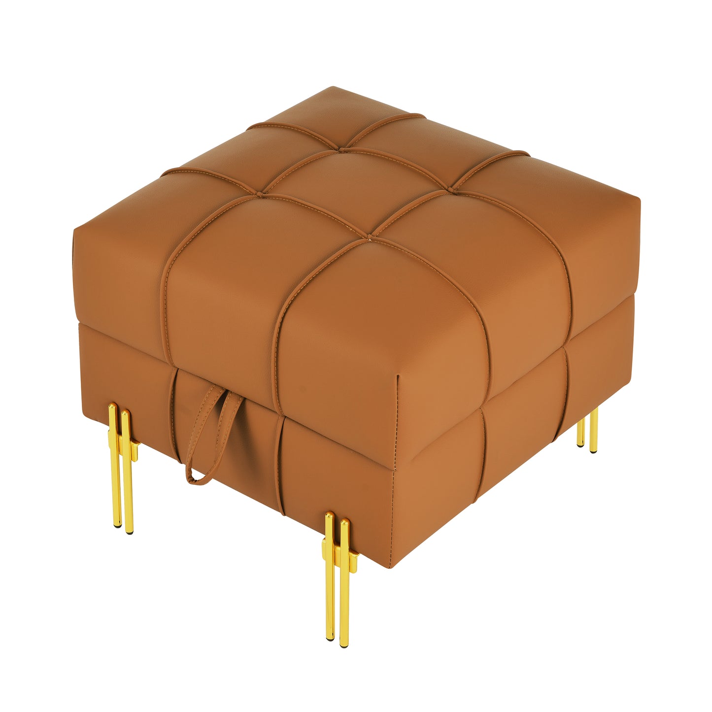 Tufted caramel leather ottoman with gold metal legs ideal for footrest