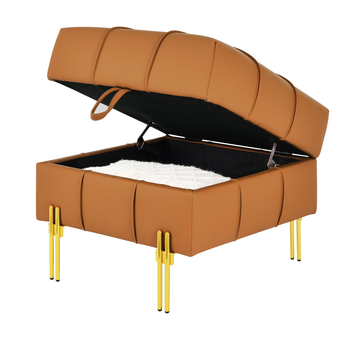 Tan faux leather storage ottoman with gold legs open lid revealing white quilted lining
