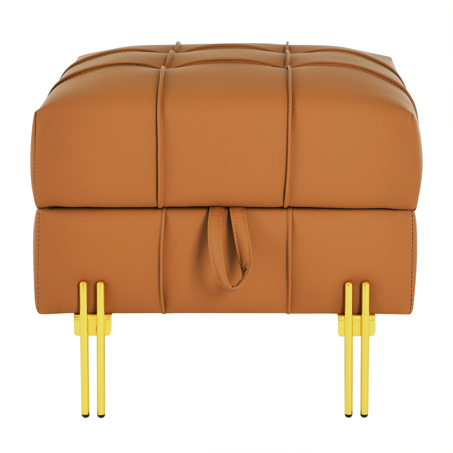 Tan tufted faux leather storage ottoman with gold legs ideal for entryway or living room